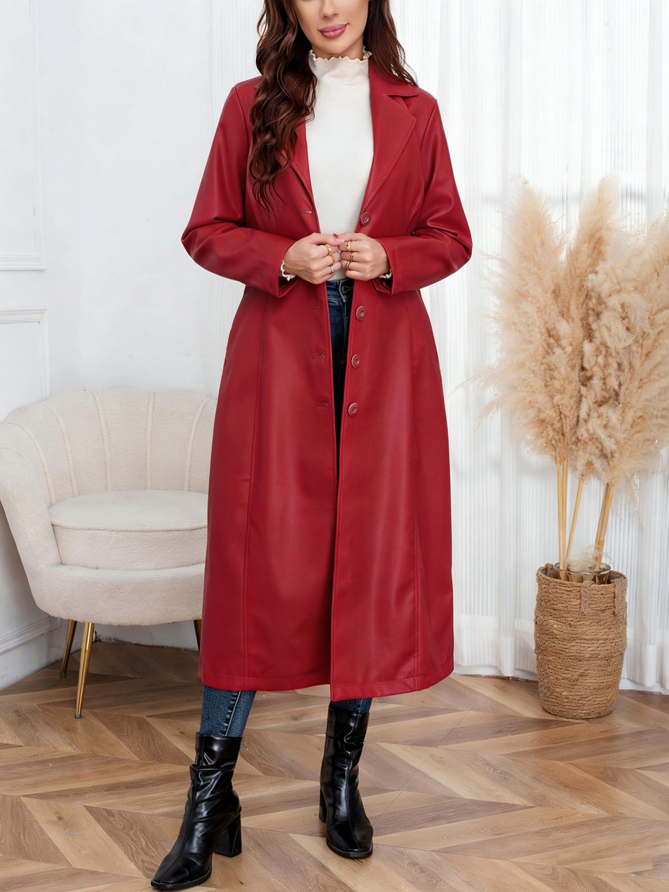 utcoco Womens Faux Leather Trench Coat Classic Lapel Button Down Maxi Jacket 2025 Stylish Overcoat (Small, Red)