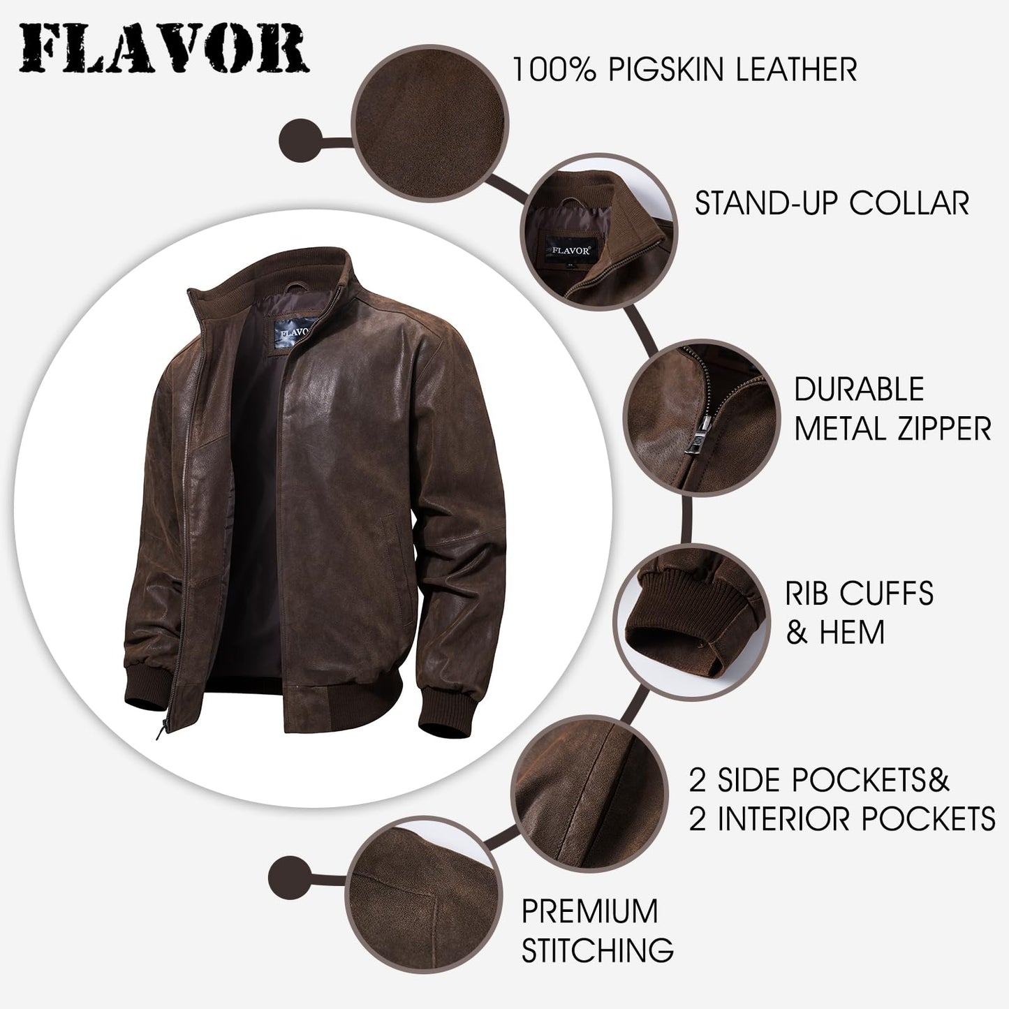 FLAVOR Men's Real Leather Bomber Casual Jacket (Large, Dark Brown)