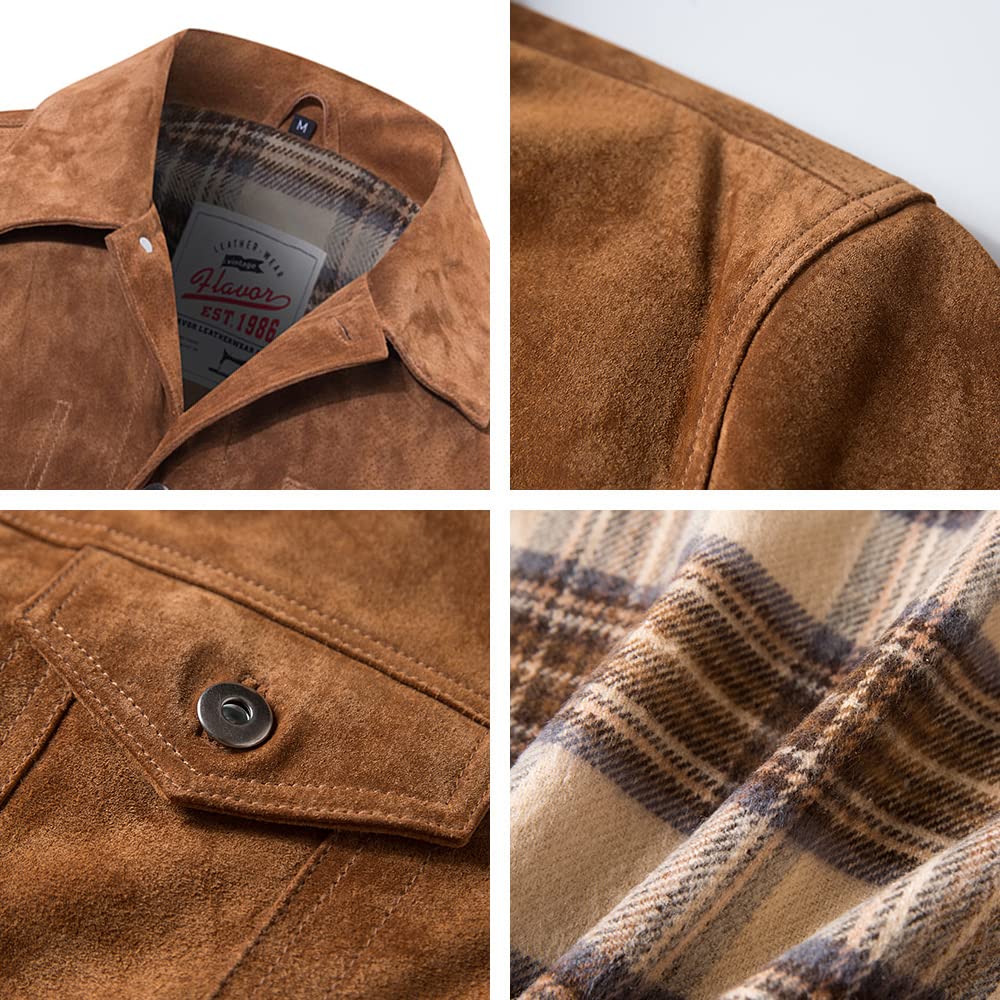 FLAVOR Men's Suede Leather Jacket Trucker Coat (Large, Brown)
