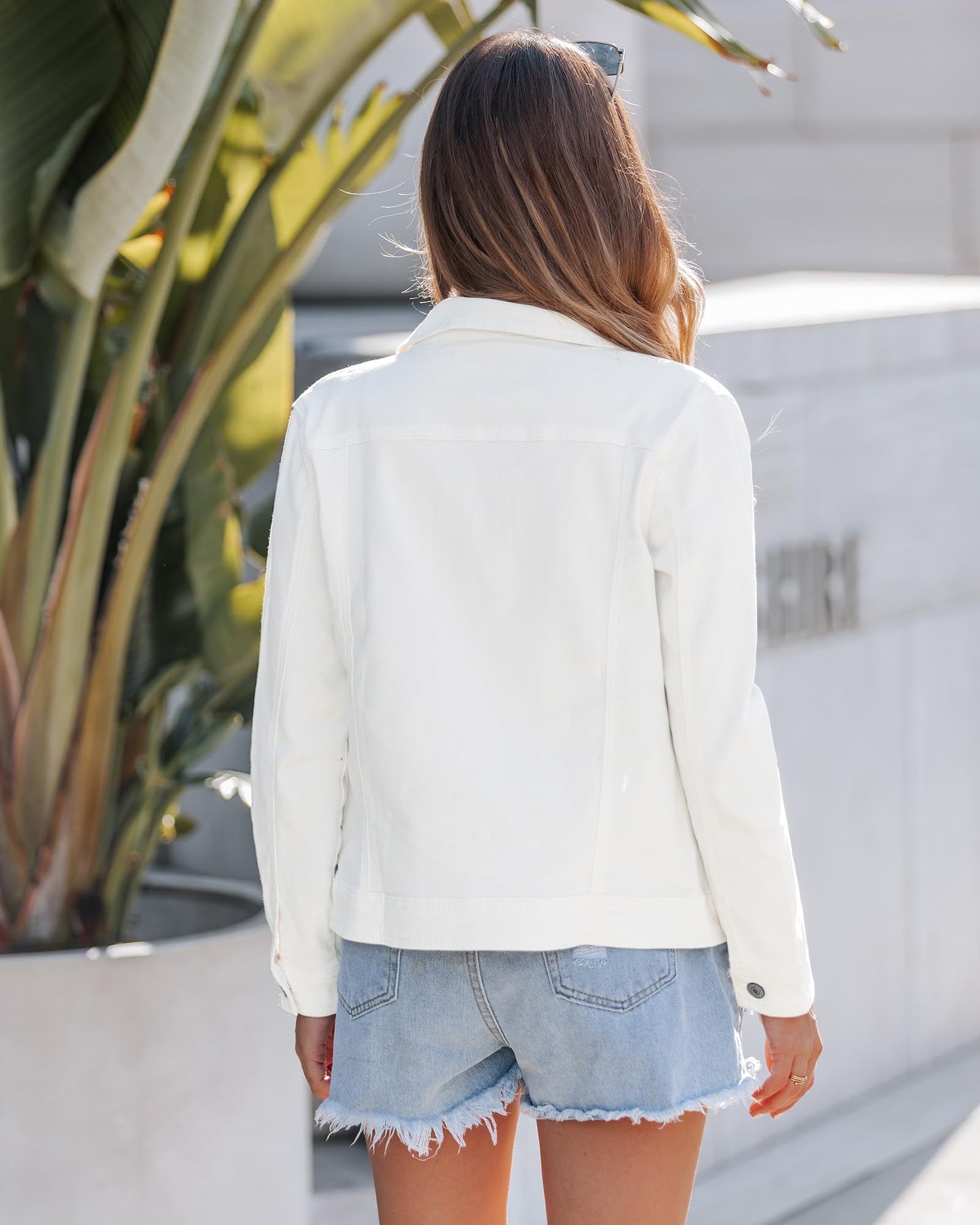 luvamia FleXclusive Women's Basic Button Down Stretch Fitted Long Sleeves Denim Jean Jacket White Denim Jacket Women Cream White Size Medium Fits Size 8-10