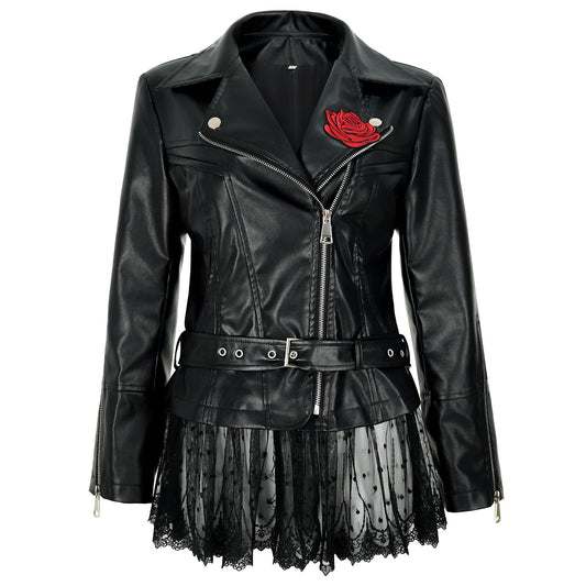 NEKIFUI Women's faux leather lace moto jacket with Peplum rose vintage riding coat(Z3526,3XL)