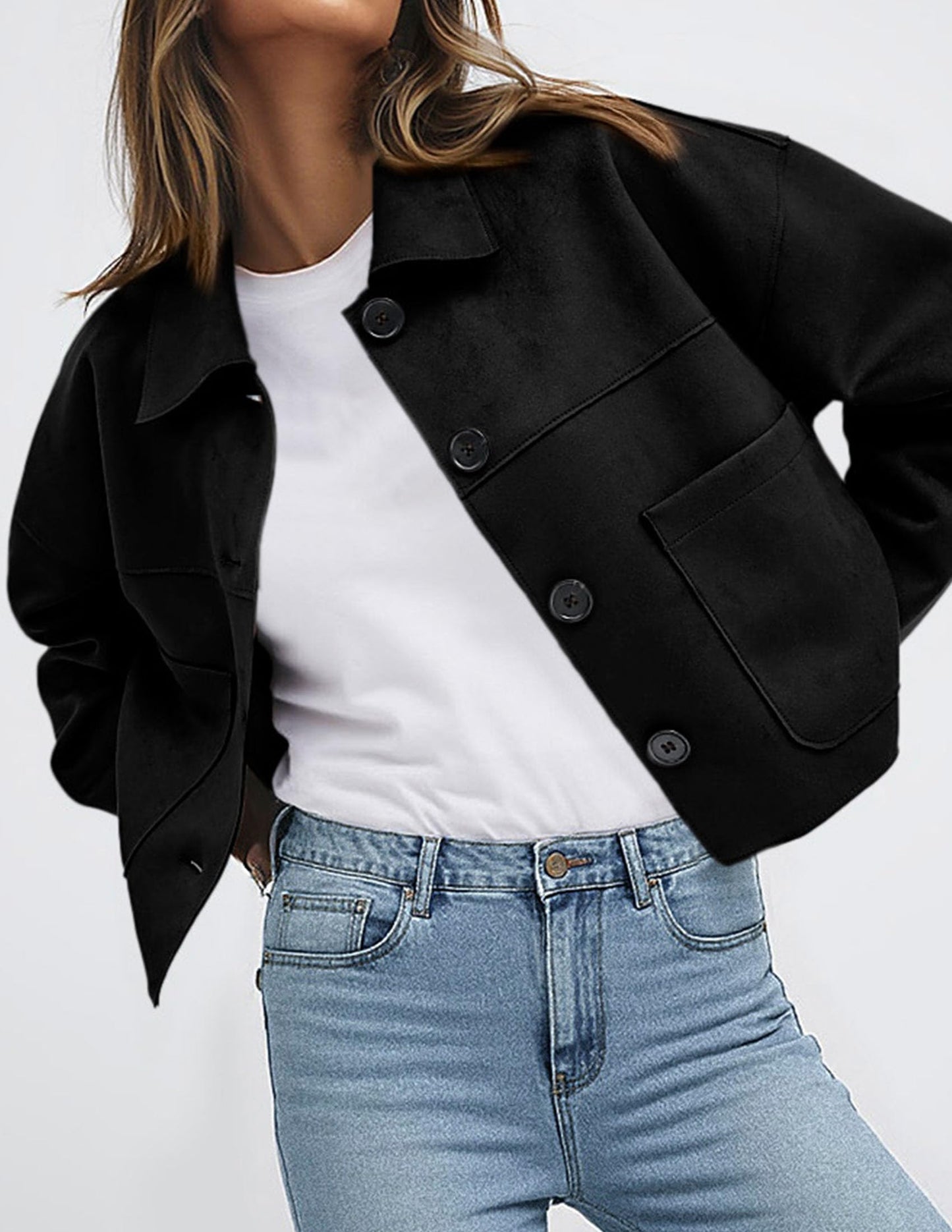 PRETTYGARDEN Women's Faux Suede Cropped Jacket Casual Lightweight Fall Fashion 2026 Winter Coats Outerwear Trendy Clothes (Black,Medium)
