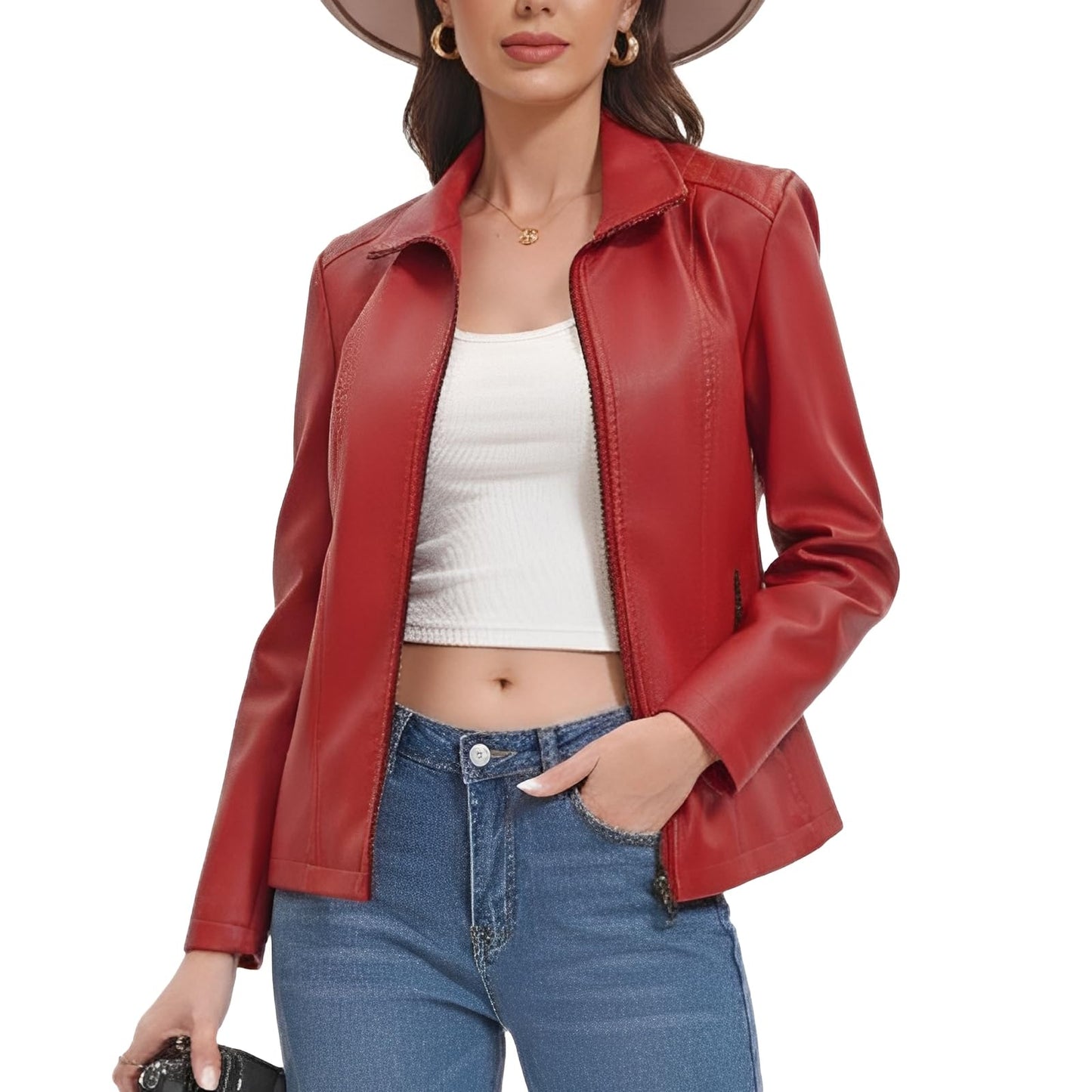 CHIGUO Faux Leather Jacket for Women Motorcycle Fashion Zip Up Coat Trendy Going Out Jackets (Red,Medium)