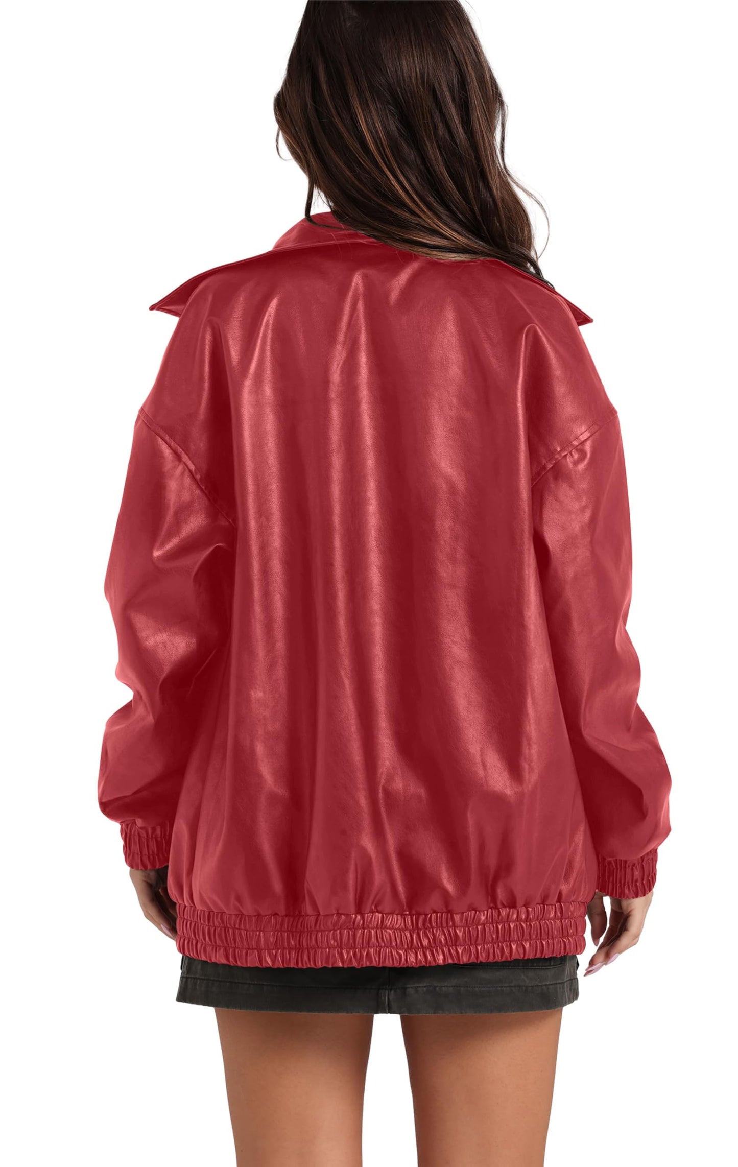 Sampeel Leather Jacket Women Oversized Vintage Bomber Coats 2025 Fall Fashion Outfits Winter Clothes Bright Red M