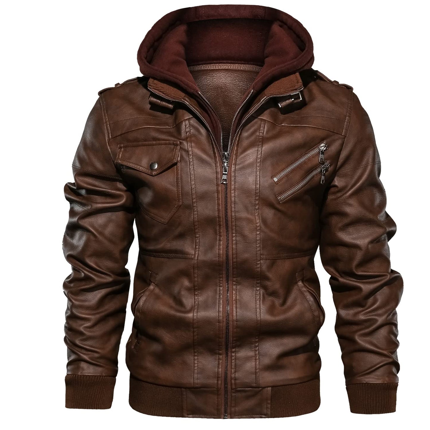 JYG Men's Faux Leather Jacket Stand Collar Motorcycle Bomber Jackets with Removable Hood (Brown,L)