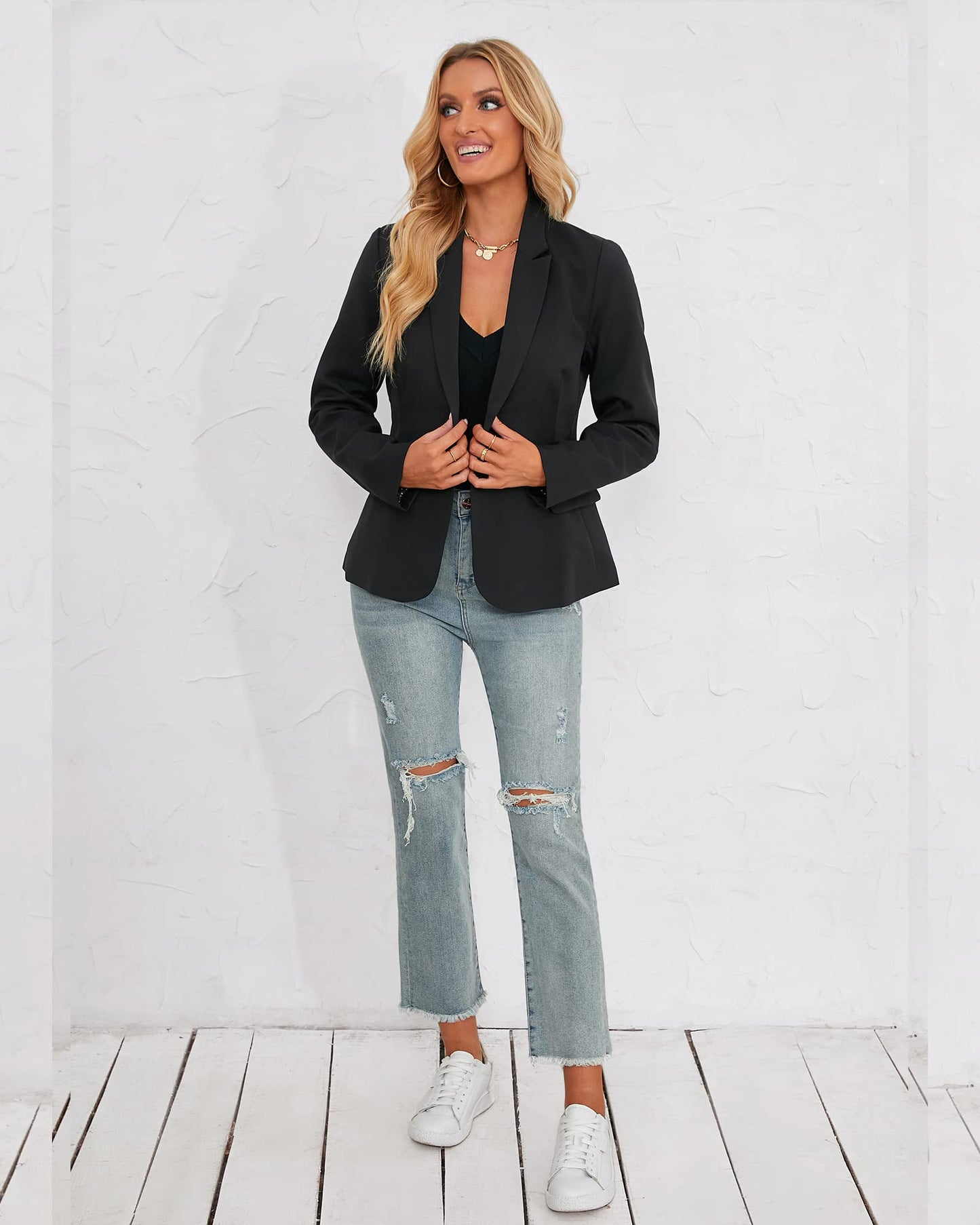 luvamia Women's Notched Lapel Neck Long Sleeves One Button Pocket Blazer Jacket Wear to Work Suit Women's Tuxedos Ladies Blazers Slim Blazer Jackets for Women New Black Size L