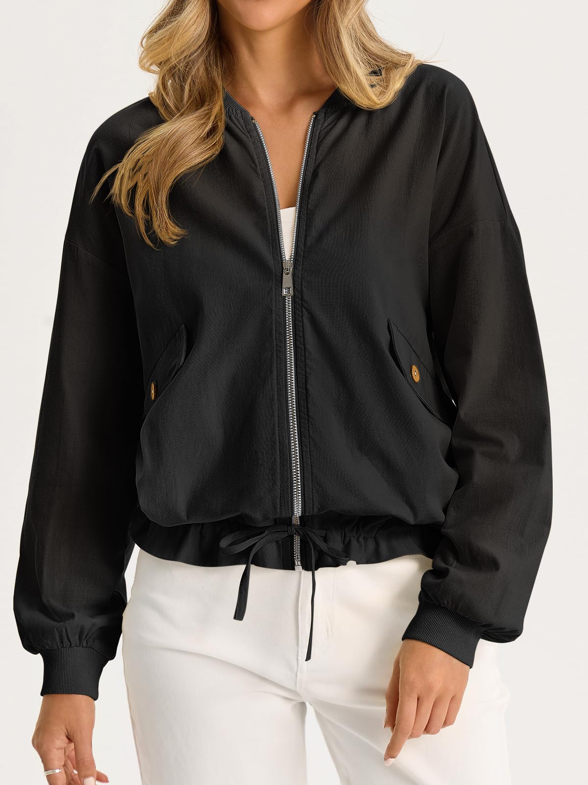 Tankaneo Womens Lightweight Linen Bomber Jackets Summer Cotton Zip Up Coat
