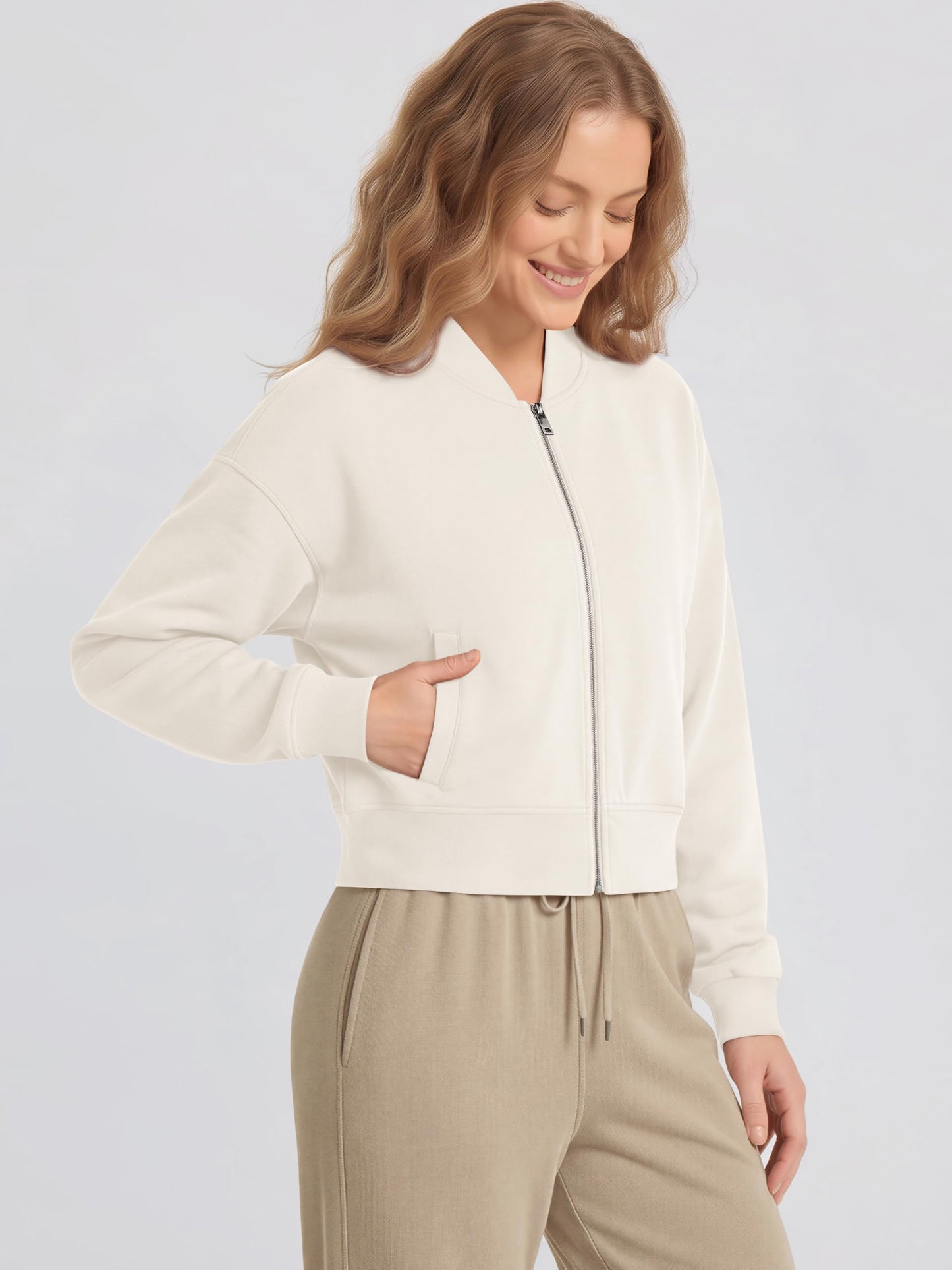 ODODOS Modal Soft Full-Zip Bomber Jacket for Women Long Sleeve Casual Fall Outfit Crop Top with Pockets, Ivory, Large