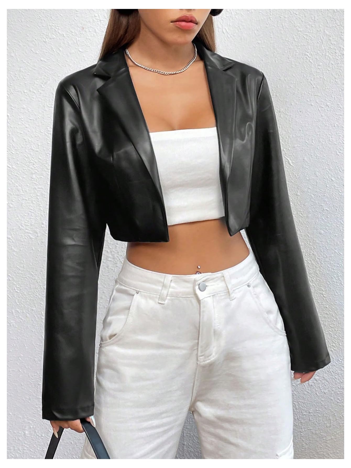 GORGLITTER Women's Cropped Faux Leather Jacket Y2k Long Sleeve Open Front Cardigan Bomber Moto Biker Jackets Rave Outfits Black Small