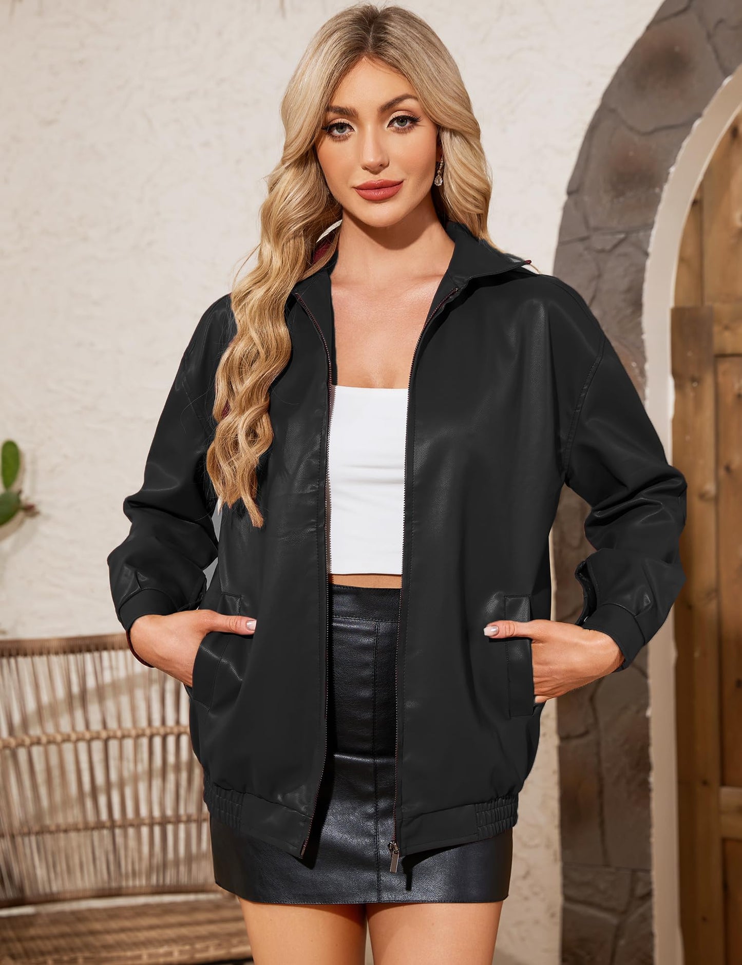 ZEXIGLAD Black Leather Jacket Women 2025 Oversized Faux Suede Motorcycle Bomber Jackets Zip Up Fall Winter Coats with Pocket Black S