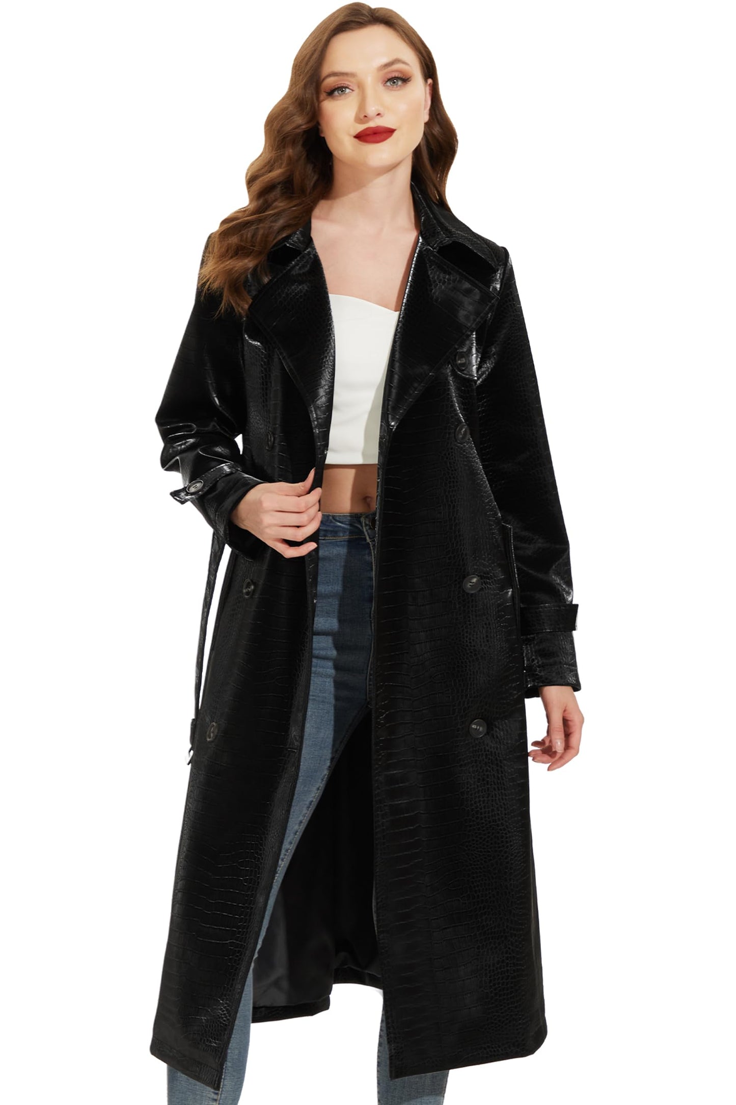 Fahsyee Women's Faux Leather Trench Coat, Zip Up Motorcycle Jackets Short PU Moto Biker Outwear Fitted Slim Jacket Black Size XL