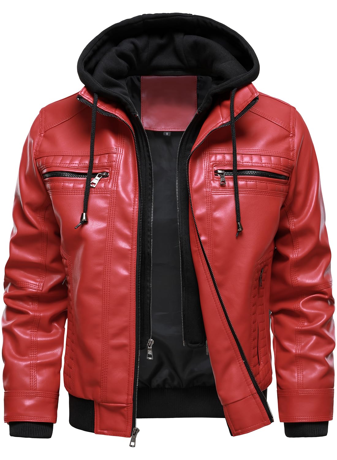 HOOD CREW Men Faux Leather Jacket with Detachable Hood Casual Motorcycle Bomber Jackets Outerwear Red L