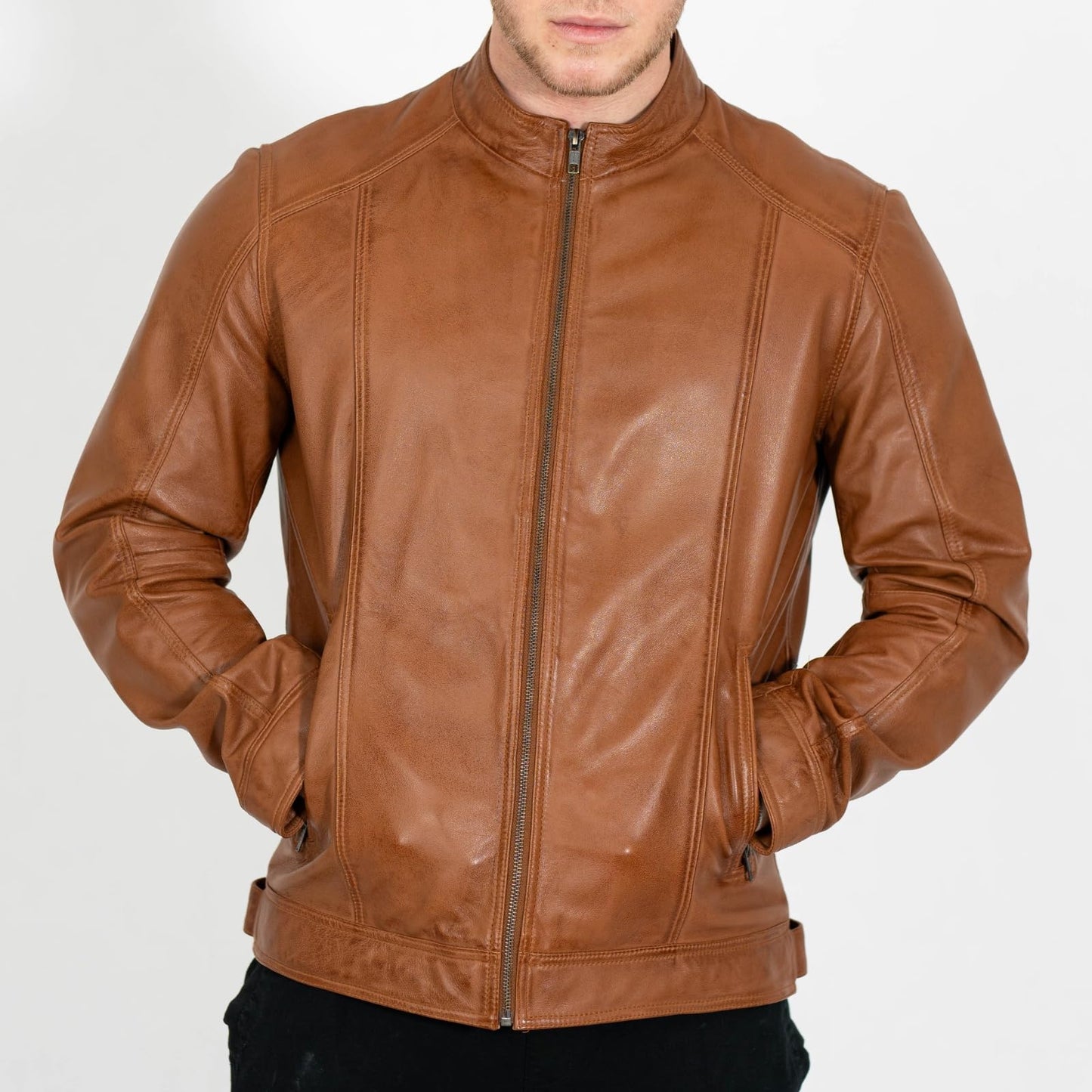 BRICK LANE Stand Collar Leather Jacket for Men | Timeless Design - Genuine Lamb Nappa Leather Cafe Racer Jacket (US, Alpha, Large, Regular, Regular, Tan)