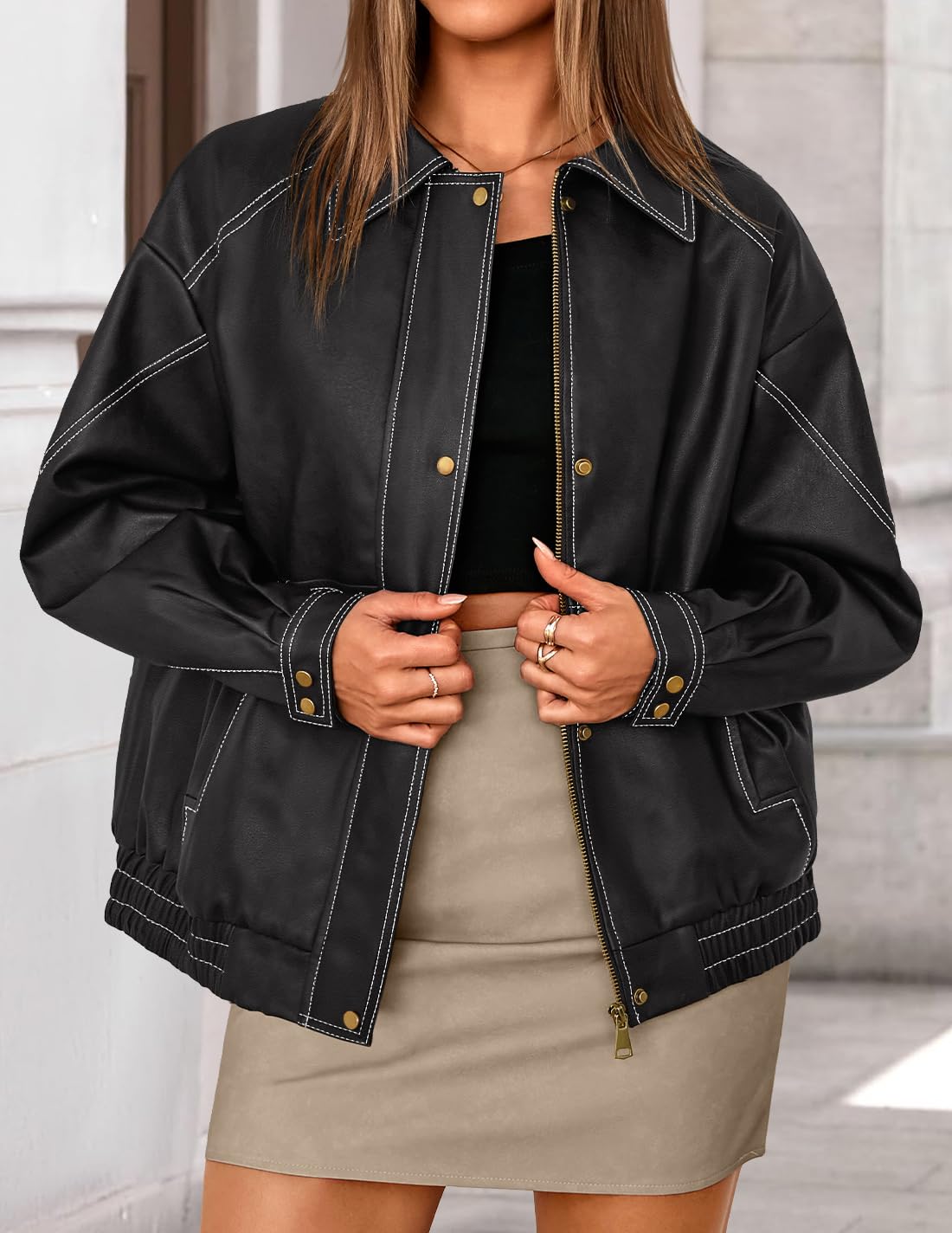 ZESICA Women's Faux Leather Jacket Oversized Zipper Motorcycle Coats 2026 Spring Fashion Trendy Clothes Outfits Black Small