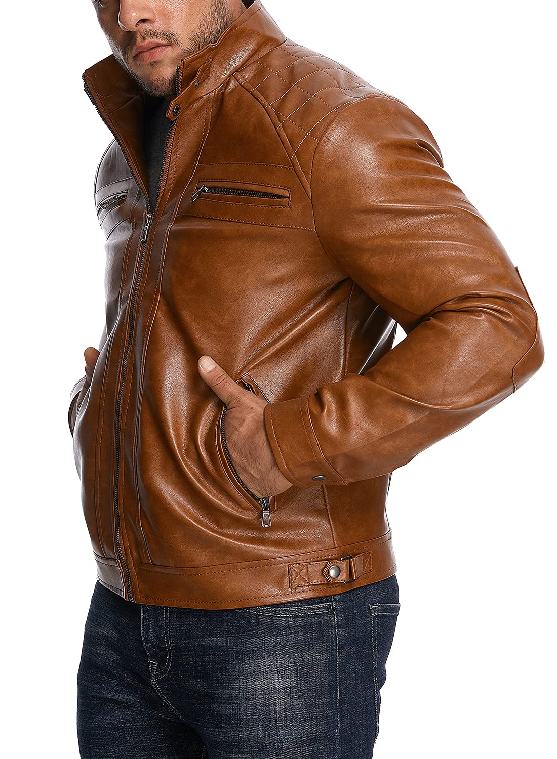 HOOD CREW Men’s Stand Collar Leather Jacket Casual Faux Leather Motorcycle Jacket Outerwear Coat with Zipper Pockets Brown 4XL