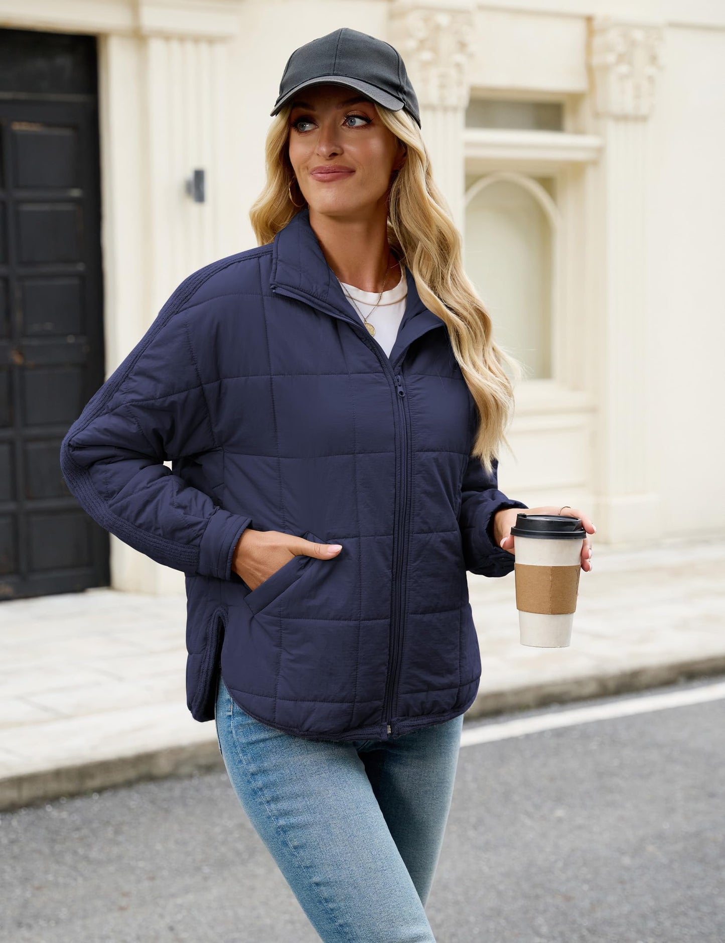 FIOPHY Women's Quilted Puffer Jacket Lightweight Zip Up Padded Coat Long Sleeve Y2K Casual Jacket Outwear with Pockets & Slit Navy Blue L
