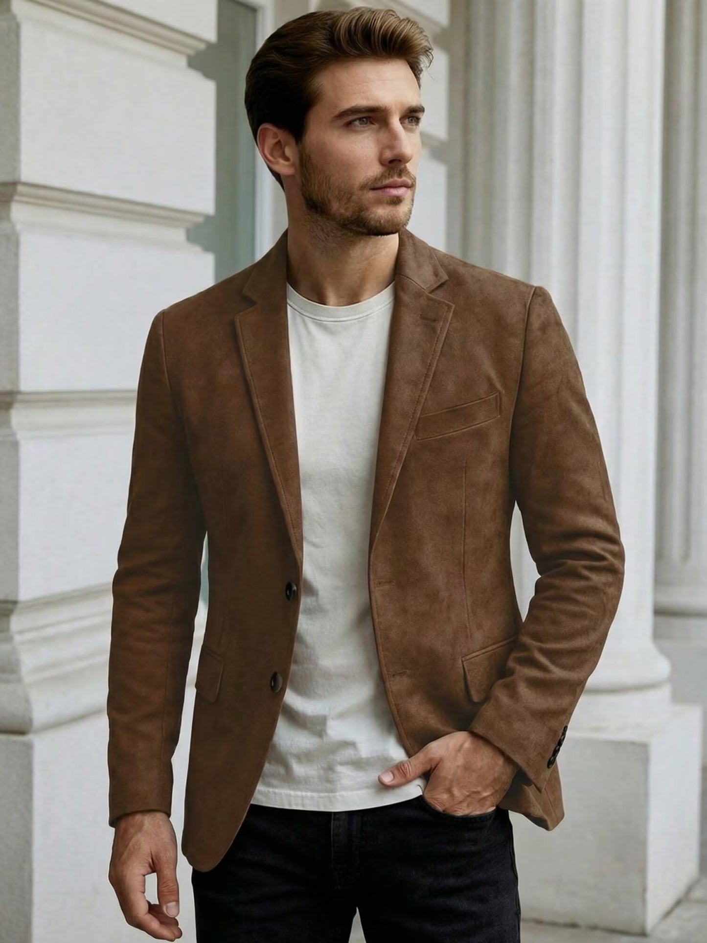 Casual Suede Jacket Men Slim Fit Western Cowboy Vintage Style Faux Suede Blazer for Men Business Prom Party Wedding Beige Mens Suits Jacket Sports Coat, M