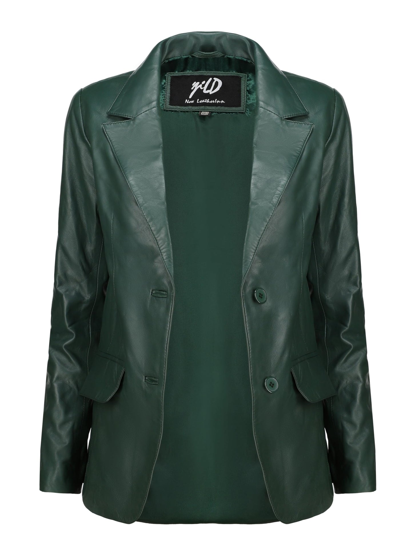 Jild Classic 2-Button Lambskin Leather Blazer Women - Casual Coat Long Sleeves Suit Style Leather Jacket Women (LC-GREEN-L)