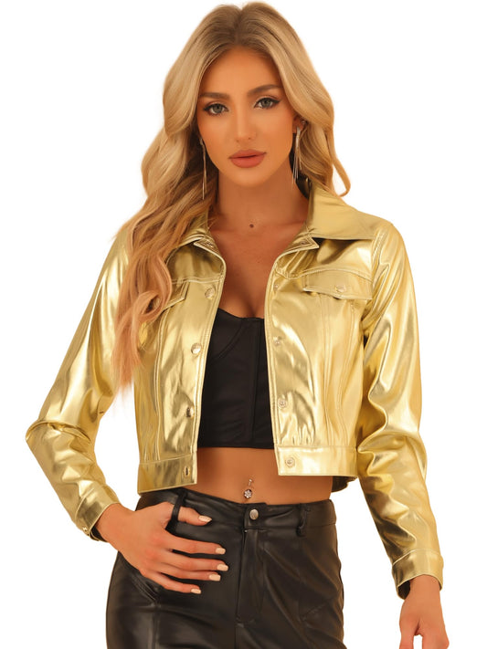 Allegra K Metallic Jacket for Women Moto Biker Jacket Holographic Shiny Crop Party Jackets Medium Gold
