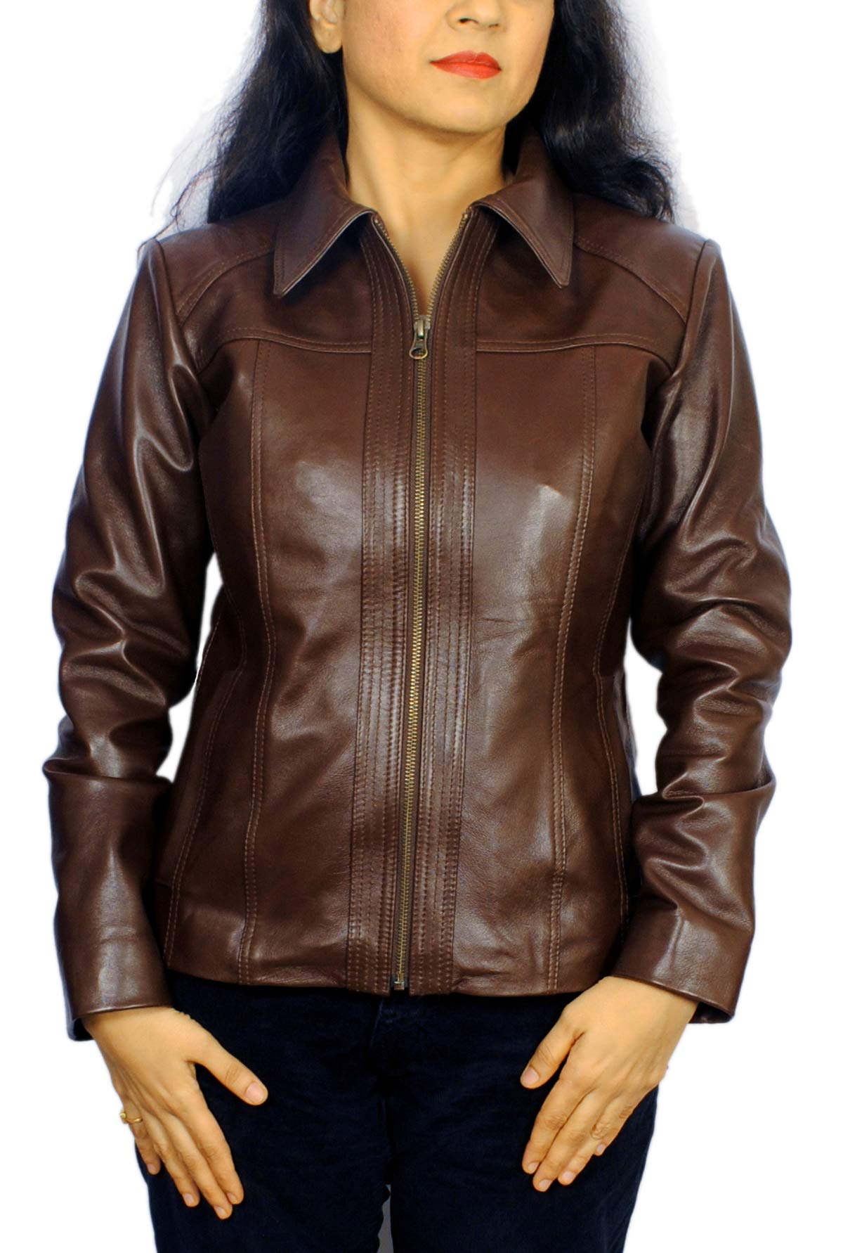 SID Women's Lambskin Leather Short Peacoat Jacket X-Small Bold Brown