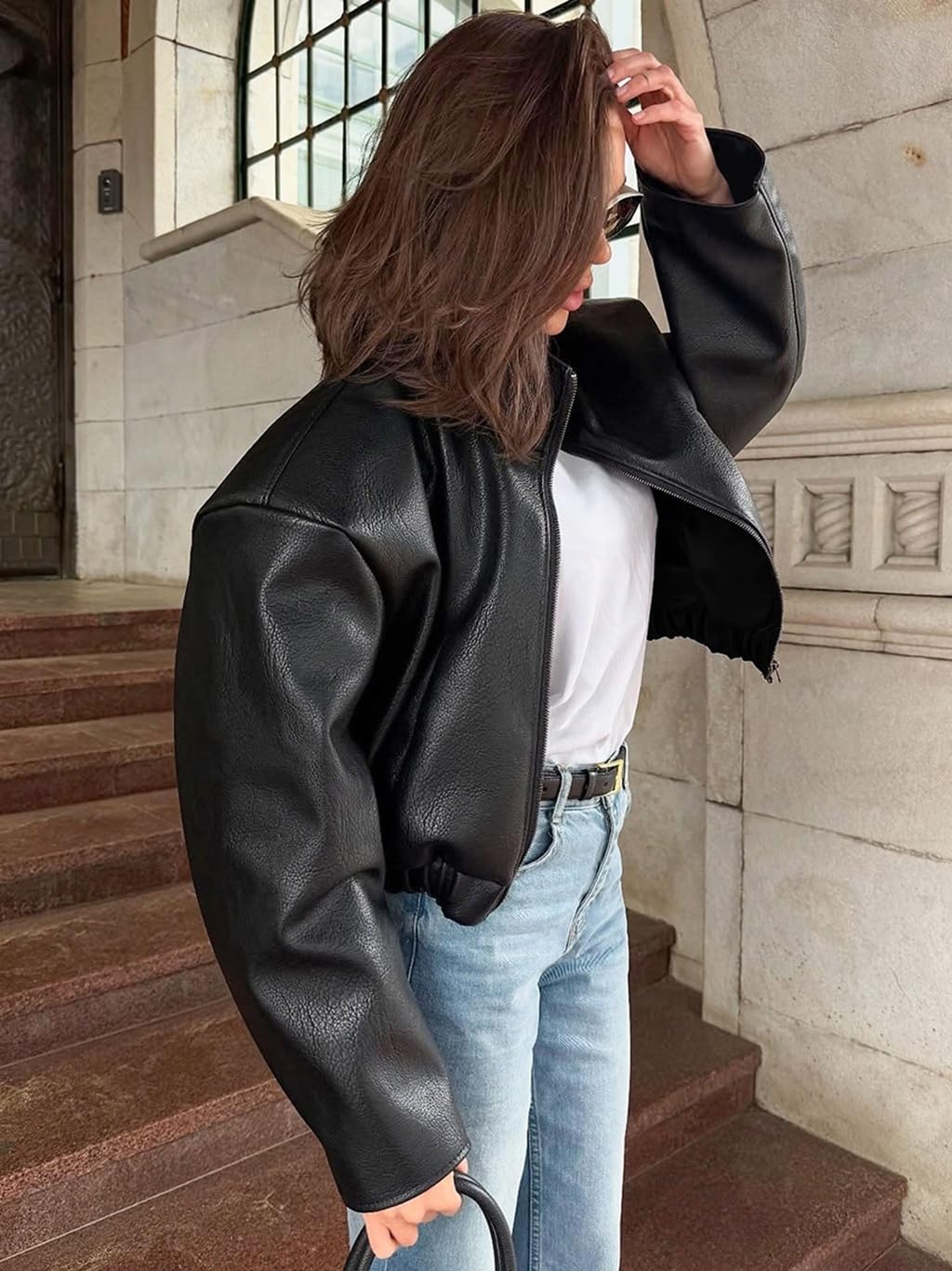 RISCUYY Oversized Leather Jacket for Women Faux Leather Stand Collar Motorcycle Going Out Long Sleeve Bomber Jacket Women