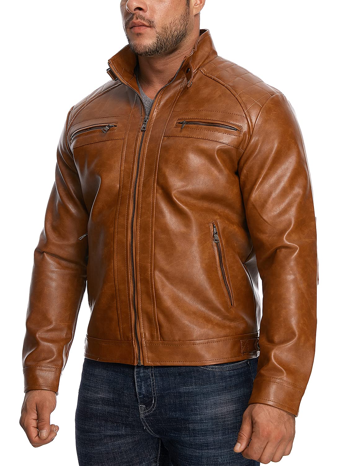 HOOD CREW Men’s Stand Collar Leather Jacket Casual Faux Leather Motorcycle Jacket Outerwear Coat with Zipper Pockets Brown 4XL