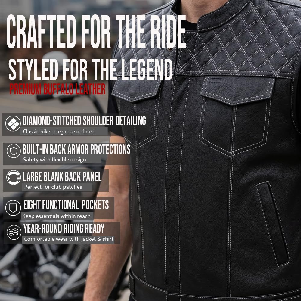 Jackets 4 Bikes SOA Men's Motorcycle Vest, Geniune Buffalo Leather, Back Armor, Inside Pockets, Motorbike Riding Club Vests Paisley White L