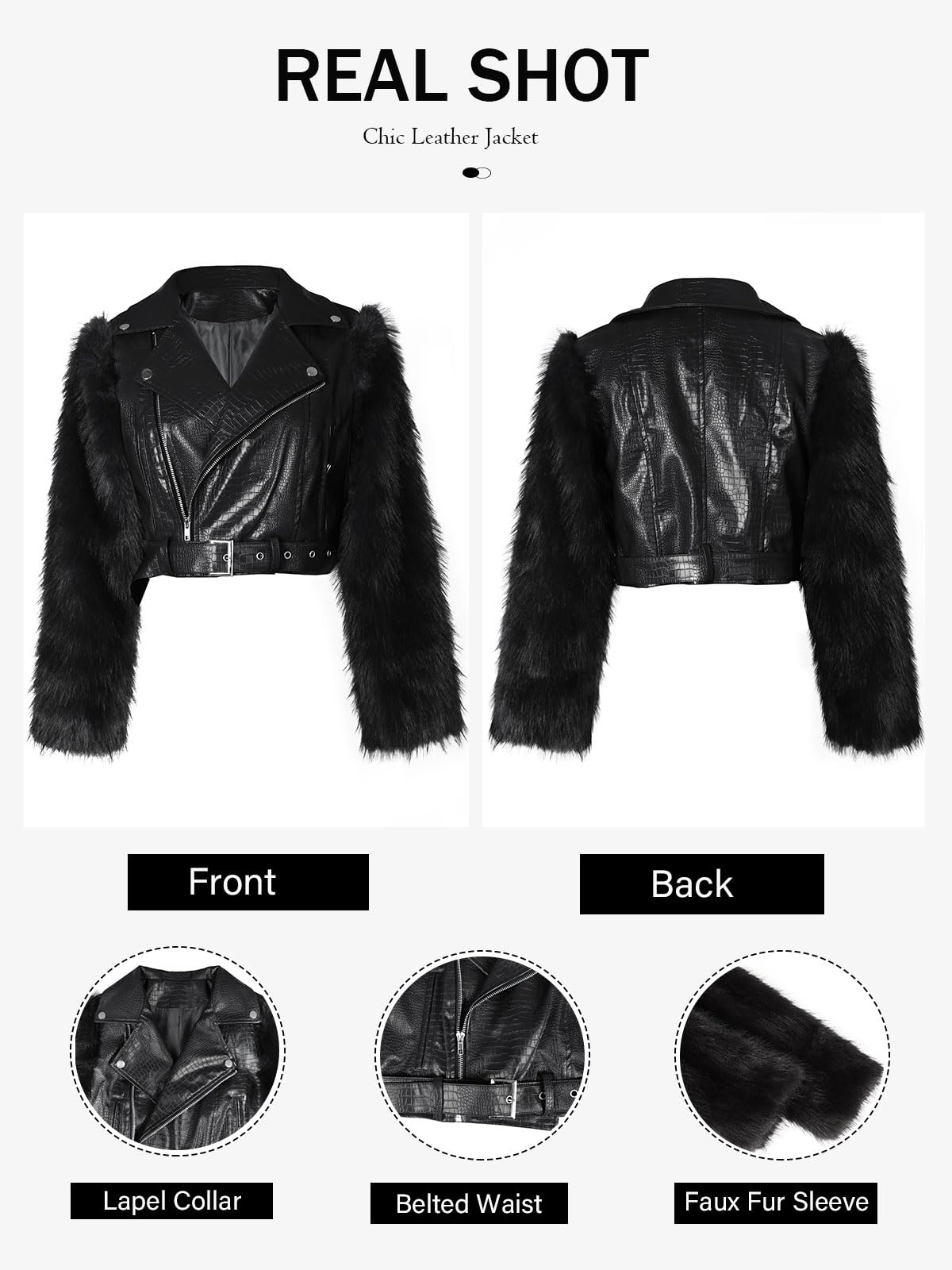 Akmipoem Leather Jacket Women Cropped PU Moto Coat Faux Fur Sleeve Short Biker Jackets Fall Streetwear with Belt Black XL