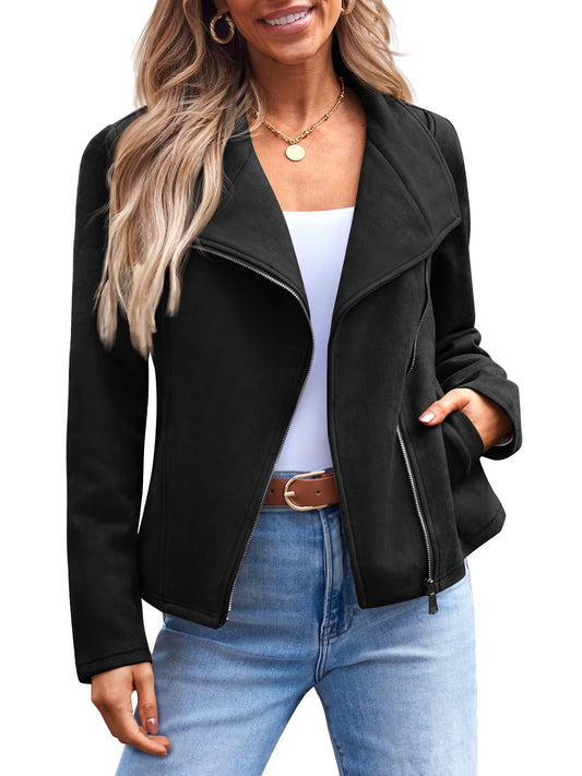AUTOMET Women's Faux Suede Leather Jacket Cropped Open Front Cardigan Buttery Soft Lightweight Fall Coat Black M