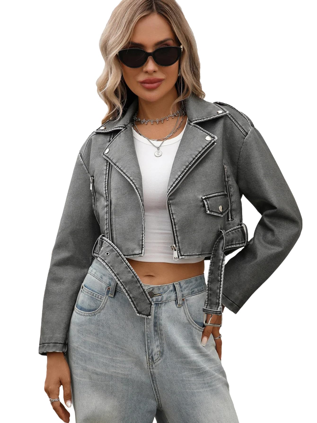 LY VAREY LIN Women Faux Leather Cropped Jacket Bomber Aviator Motor Biker Coat with Belt