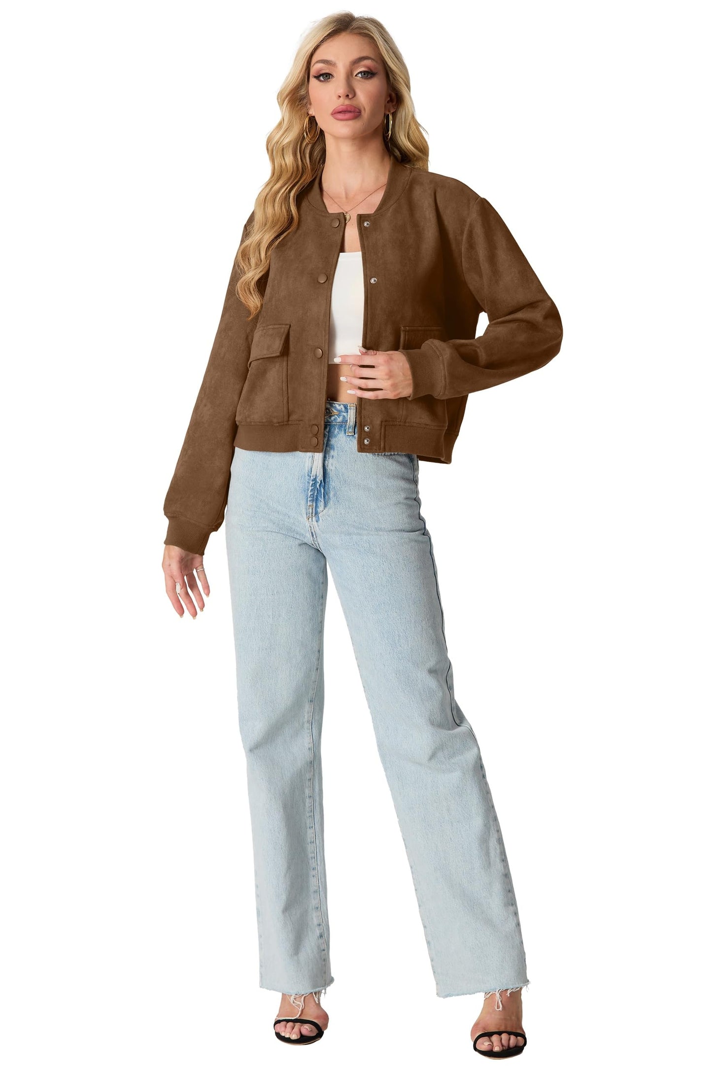 GRECERELLE Womens Bomber Jacket Cropped Button Down Varsity Jacket Long Sleeve Casual Outwear With Pockets (Dark Coffee, Medium)