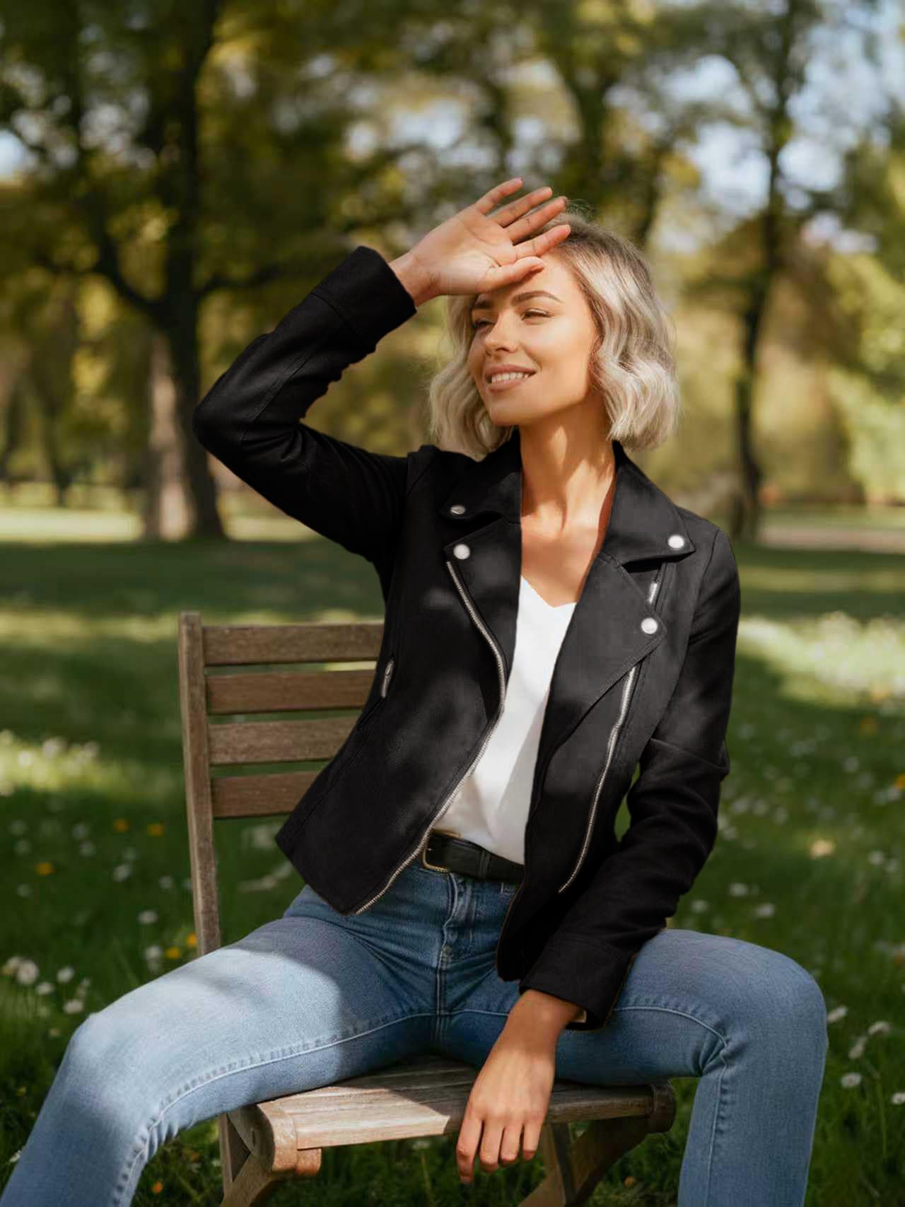 SS-Sunrise Fashion Women's Faux Suede Jacket Long Sleeve Asymmetric Zip Casual Cropped Coat Biker Moto Jacket Outwear with Fake Pockets (X-Large, Black)