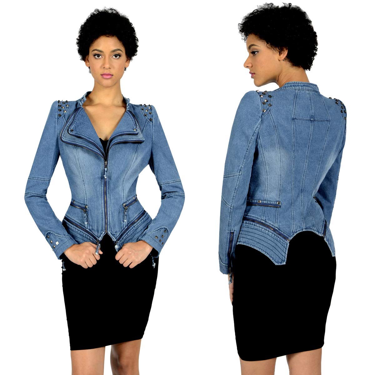 Fashion SX Womens Rivet Faux Leather Jacket Zipper Moto Biker Denim coat Motorcycle Outwear (S, Blue)