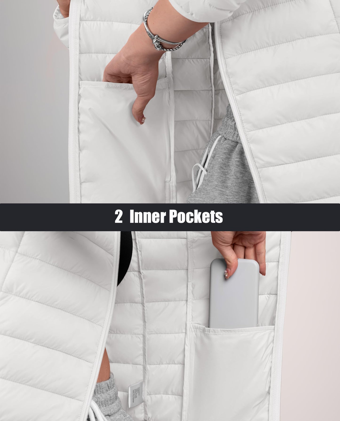 MAGCOMSEN Puffer Jacket for Women with Hood Lightweight Quilted Padded Jacket 4 Pockets Full Zip Long Sleeve Coat, White L