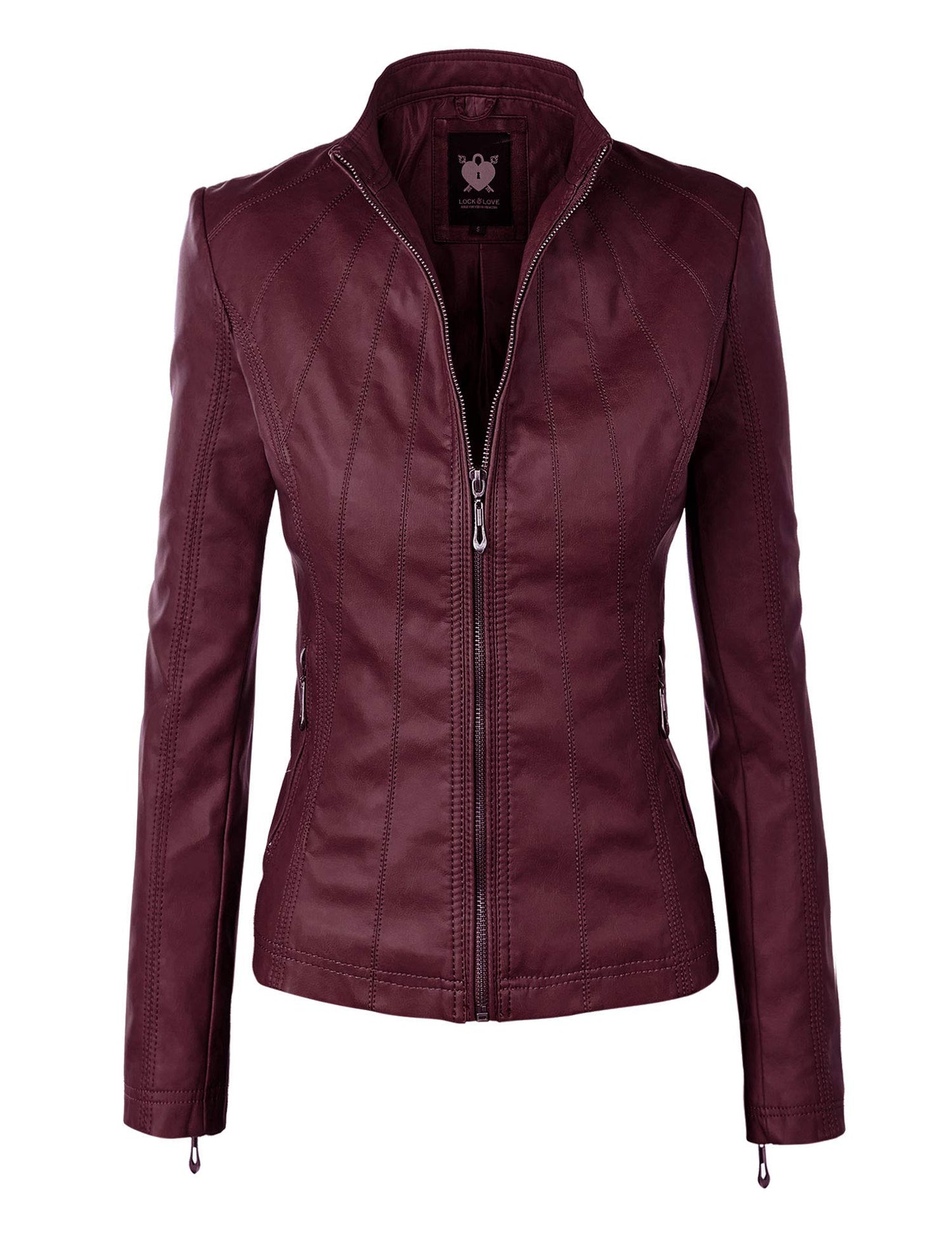 Lock and Love LL WJC877 Womens Panelled Faux Leather Moto Jacket M Wine