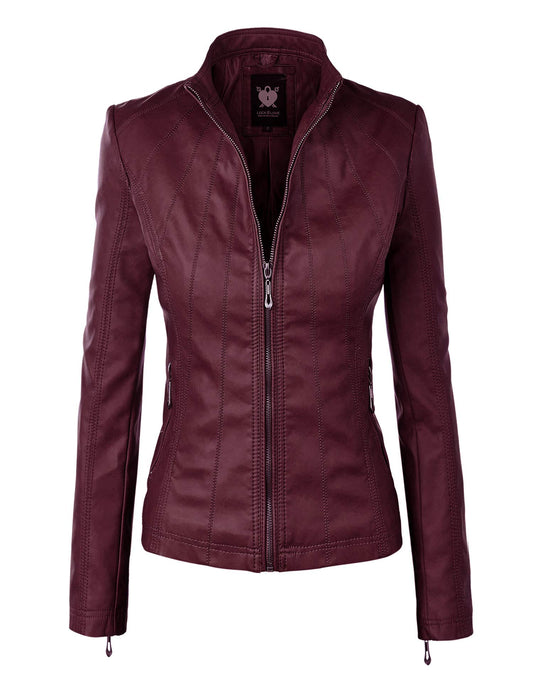 Lock and Love LL WJC877 Womens Panelled Faux Leather Moto Jacket M Wine