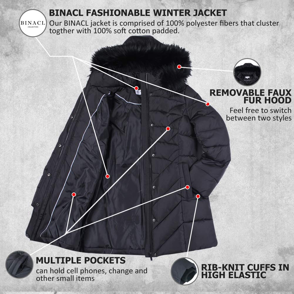 BINACL Women's Fashion Hoodie Thickened Black Jacket, Down Alternative Spring Gift Parka Puffer Cotton Padding Outwear Climbing Long Sleeve Jacket with Fur Hood Great with Sweaters(Black,XL)