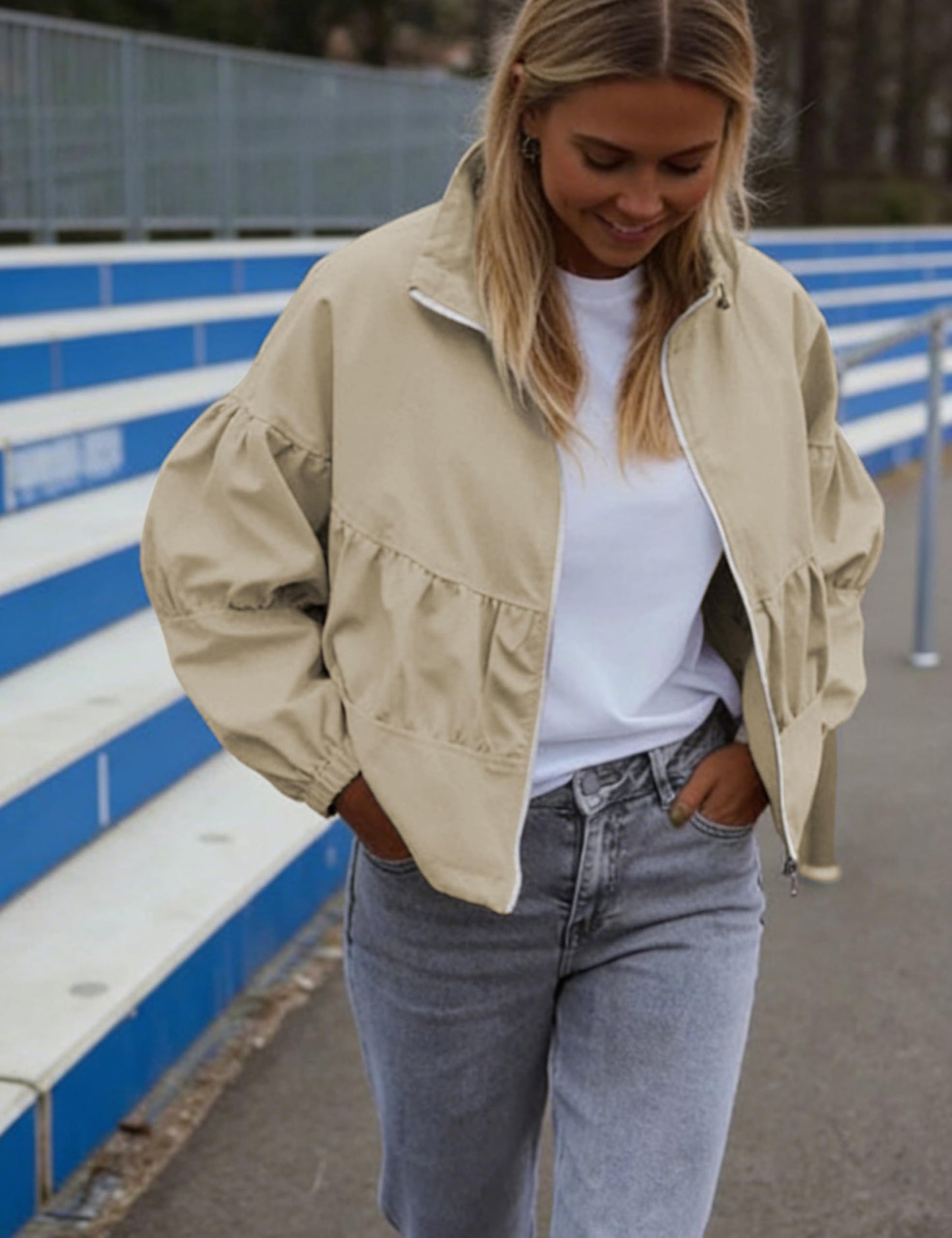 Watashi Women Cropped Bomber Jacket Casual Lightweight Spring Fall Lapel Coat Balloon Long Sleeve Streetwear Outerwear (Khaki-M)