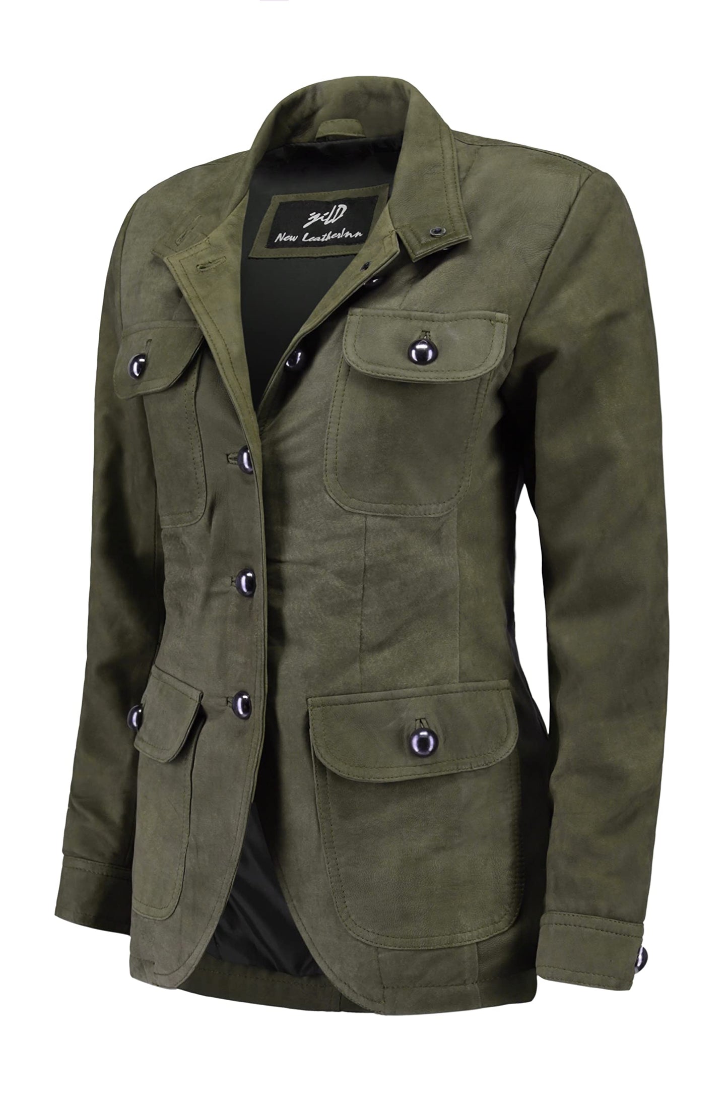 Jild Fancy 5-Button Four Pocket Double Back Slit Leather Blazer Women - Vintage Suede Look Cuff Sleeves Leather Jacket Women (ZC-Green-3XL)