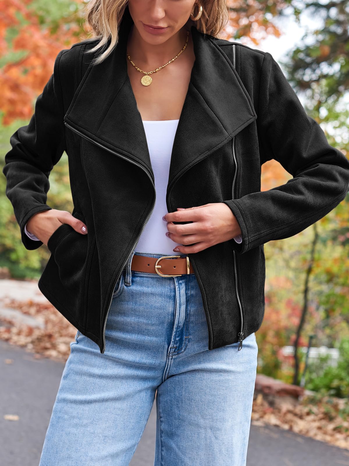 AUTOMET Women's Faux Suede Leather Jacket Cropped Open Front Cardigan Buttery Soft Lightweight Fall Coat Black S