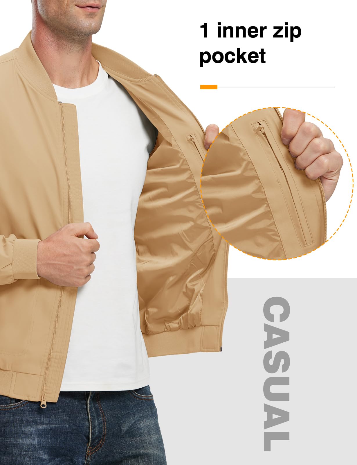 TBMPOY Men Lightweight Jackets Casual Stylish Golf Zip Dress Light Camel XL