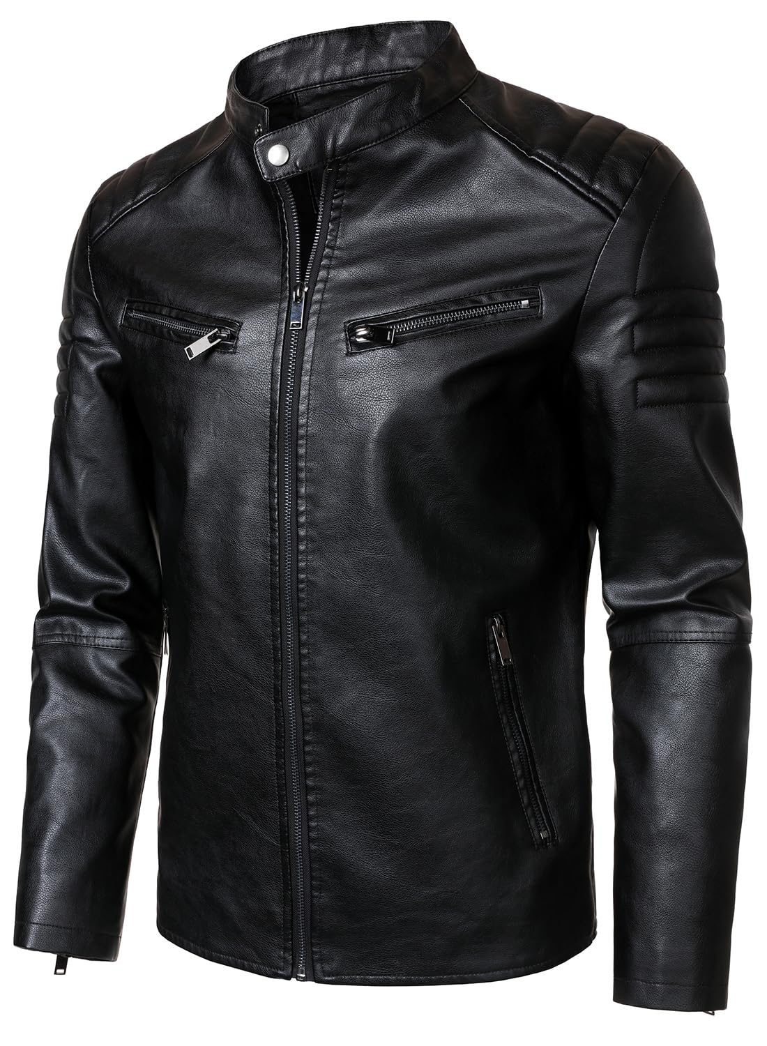 HOOD CREW Men’s Faux Leather Motorcycle Jackets Stand-up Collar Leather Jacket Vintage Coats Outwear Black M