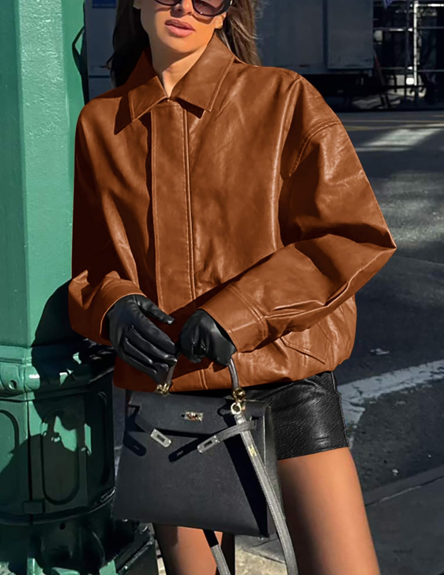 PRETTYGARDEN Women's Faux Leather Motorcycle Jacket Trendy Fall Spring Clothes Oversized Zip Up Winter Coat Outerwear (Brown,Medium)