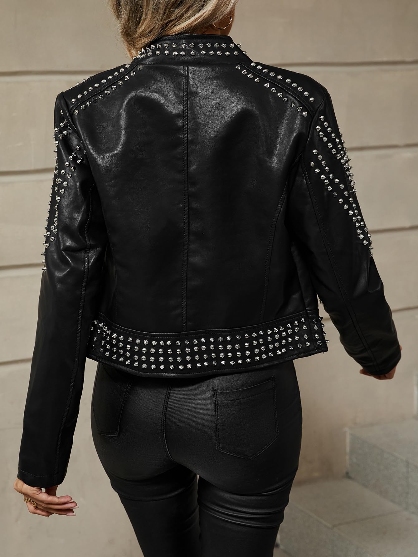 Bellivera Women's Faux Leather Moto Studded Rivet Casual Jacket Black XL