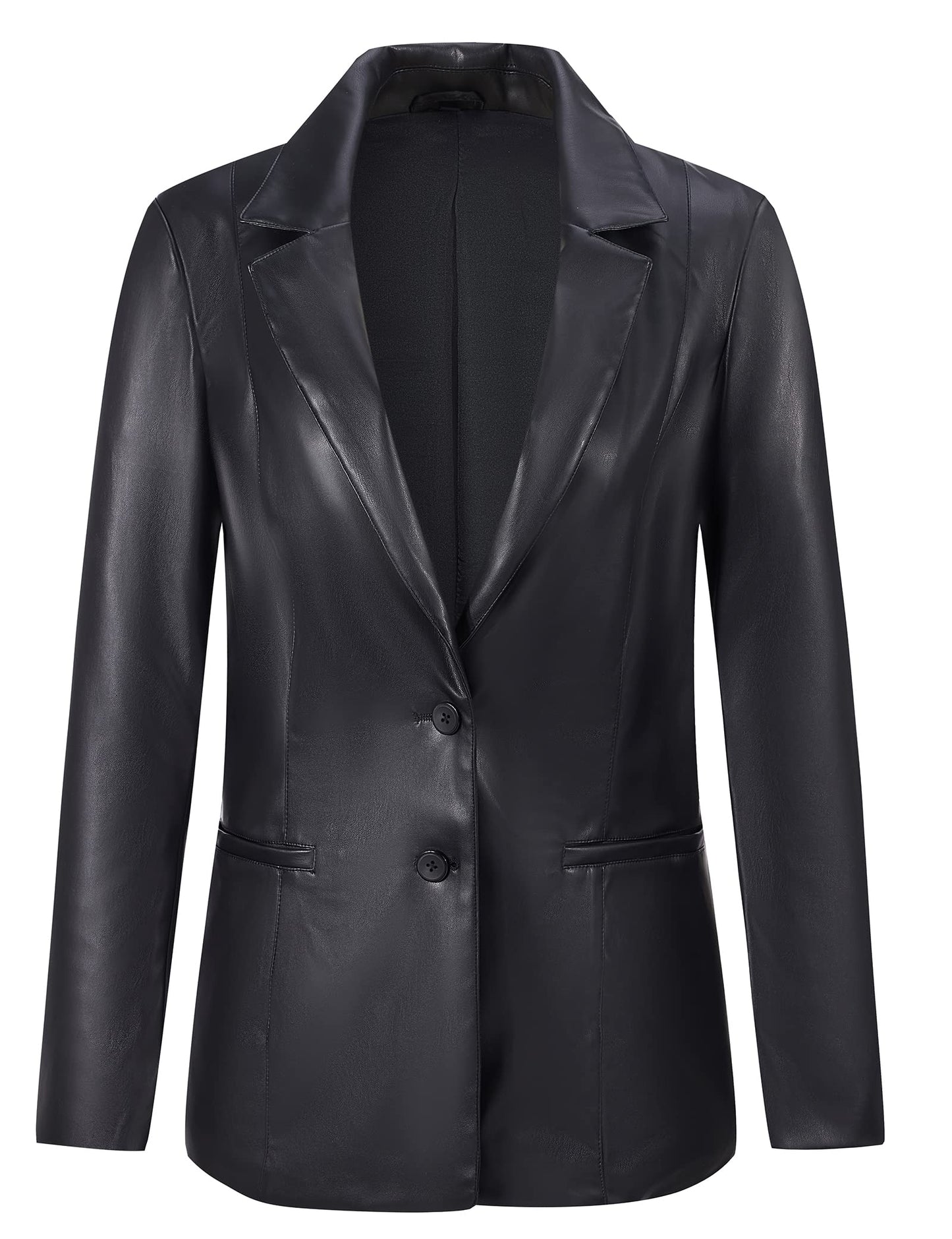 RISISSIDA Women Faux Leather Blazer Jacket,Soft PLeather PU Coat,Black,L