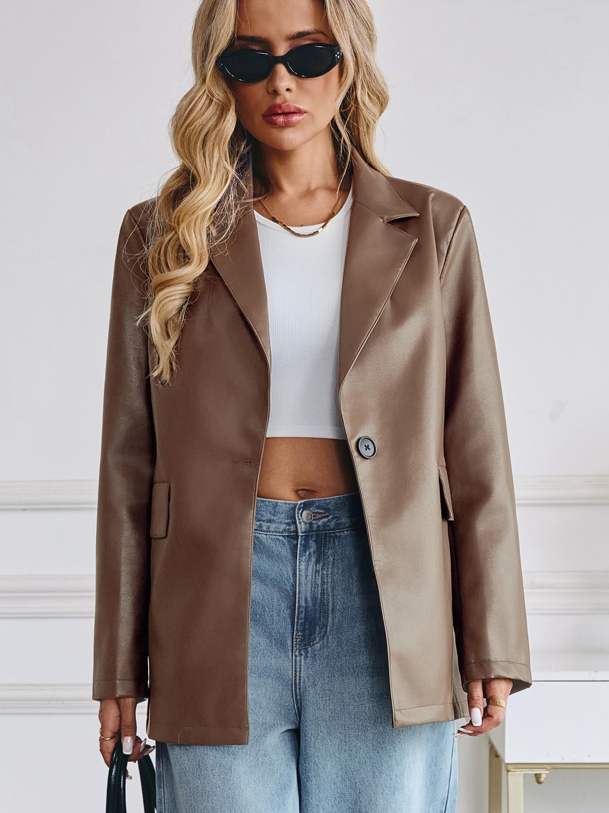 KateModa Women's Faux Leather Blazer Oversized Bomber Winter Coat Motocycle Button Down Fall Jackets with Pockets Khaki Small