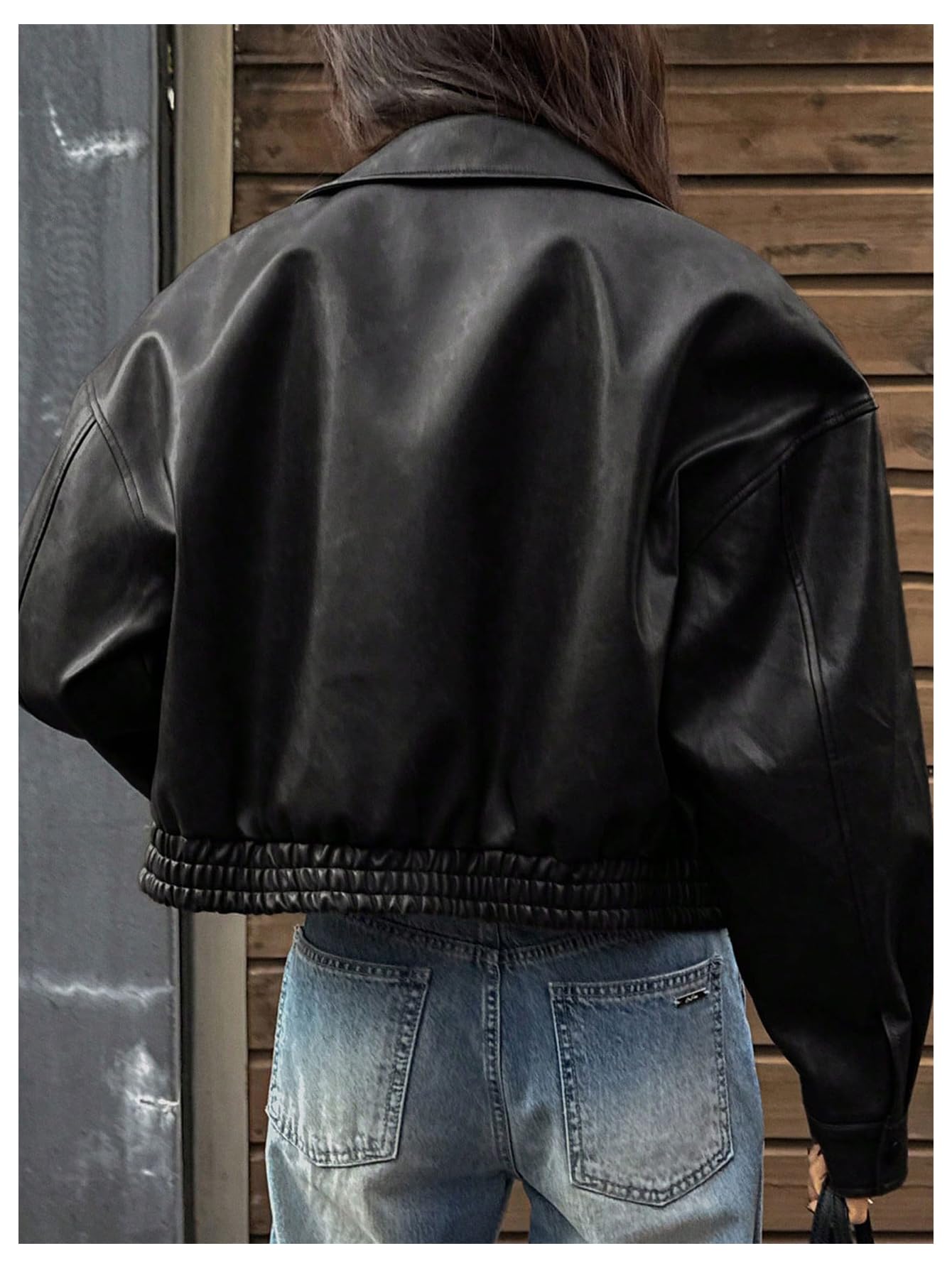 Milumia Women's Faux Leather Zip Up Jacket Vintage Collared Long Sleeve Motorcycle Jackets Black Small
