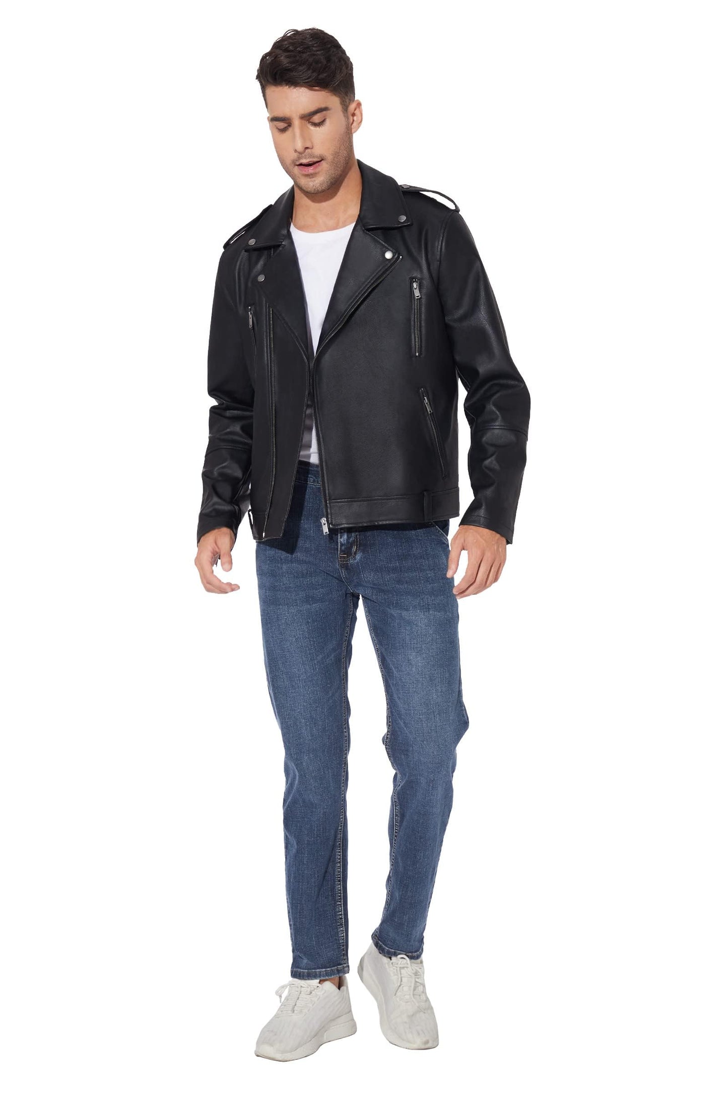 Fahsyee Leather Jackets for Men, Faux Bomber Jacket Mens Motorcycle Lapel Zip-Up Belt Slim Fit Biker Coat Black M