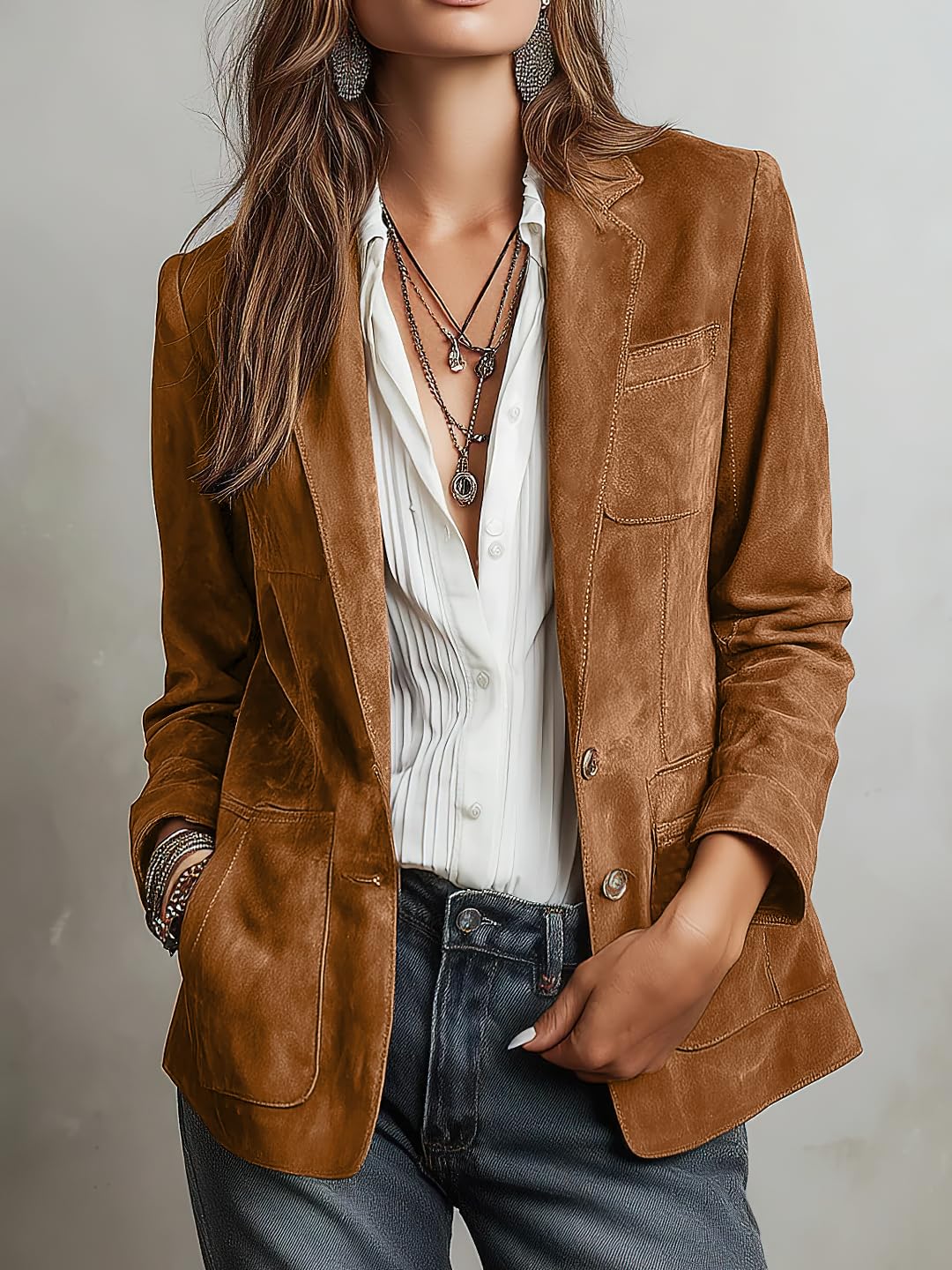 chouyatou Women's Retro Faux Suede Leather Blazer Jacket Notched Collar Work Dressy Business Casual Coat (X-Large,Brown)