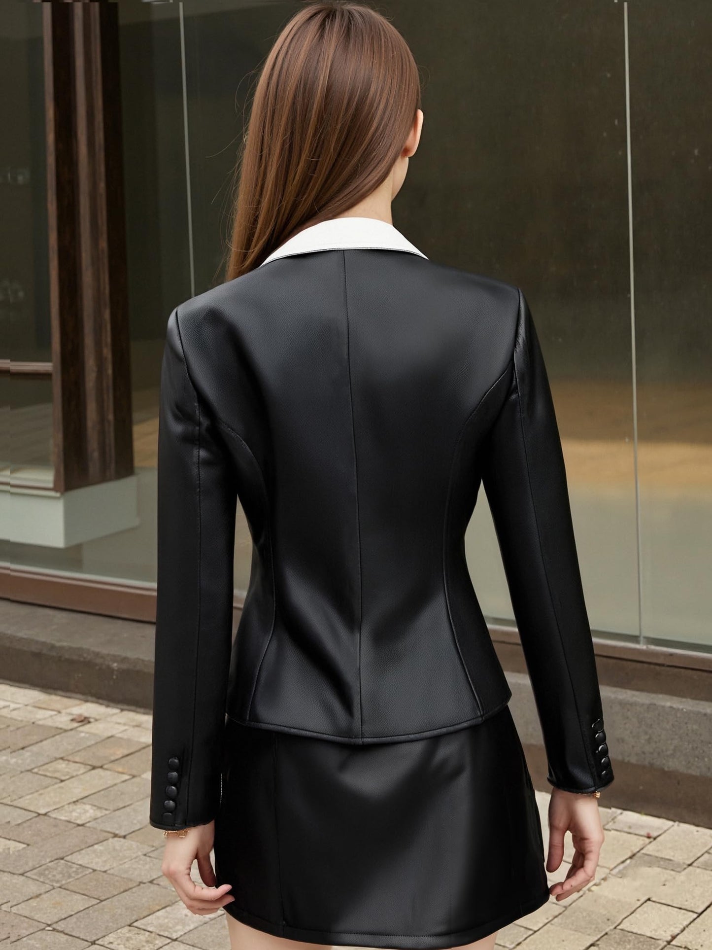 SS-Sunrise Fashion Women's PU Faux Leather Blazer Jacket, Black and White Color Block, Single Button, Notched Lapel, Medium